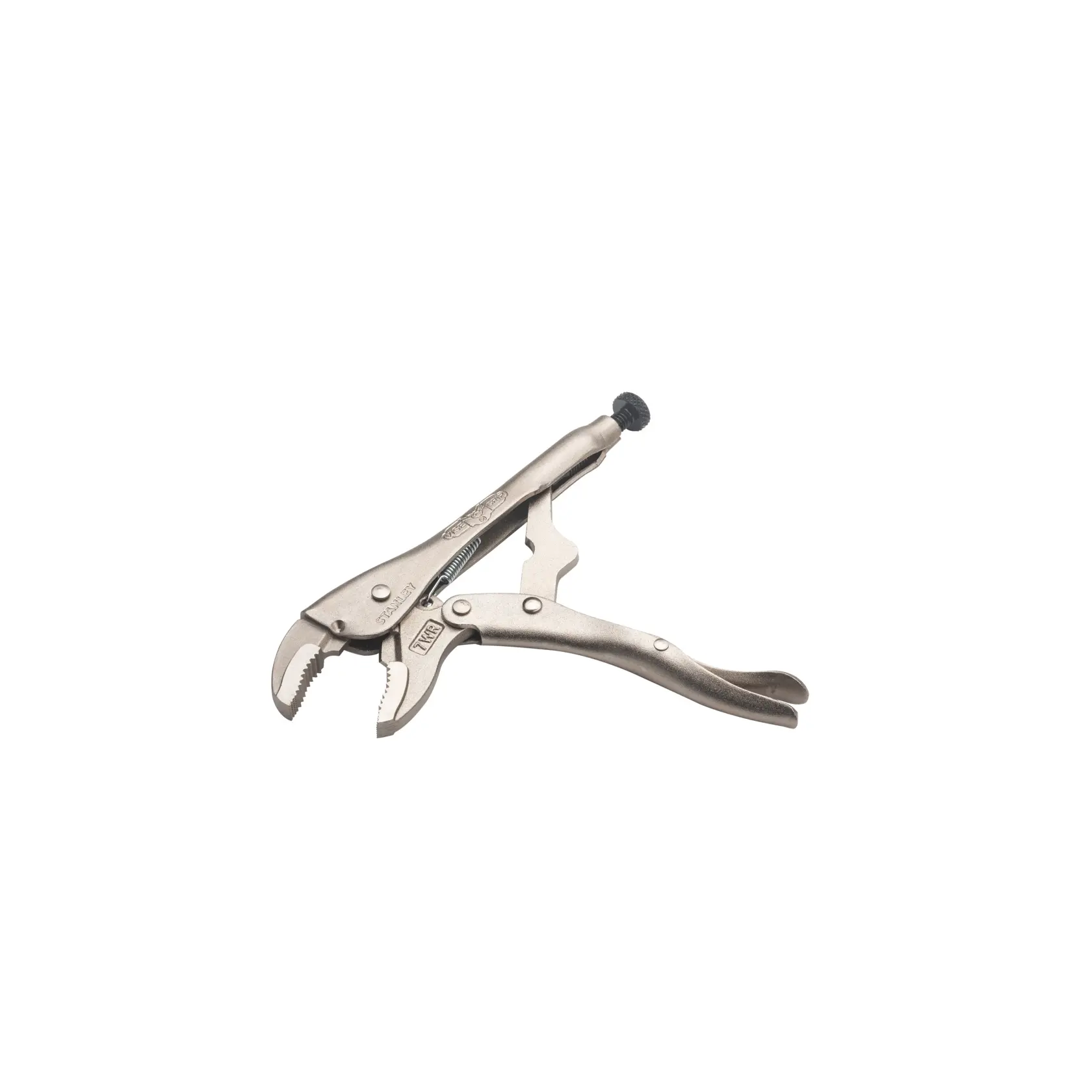 STANLEY FMHT84905-0 locking pliers, silver metal, angled left on white background.