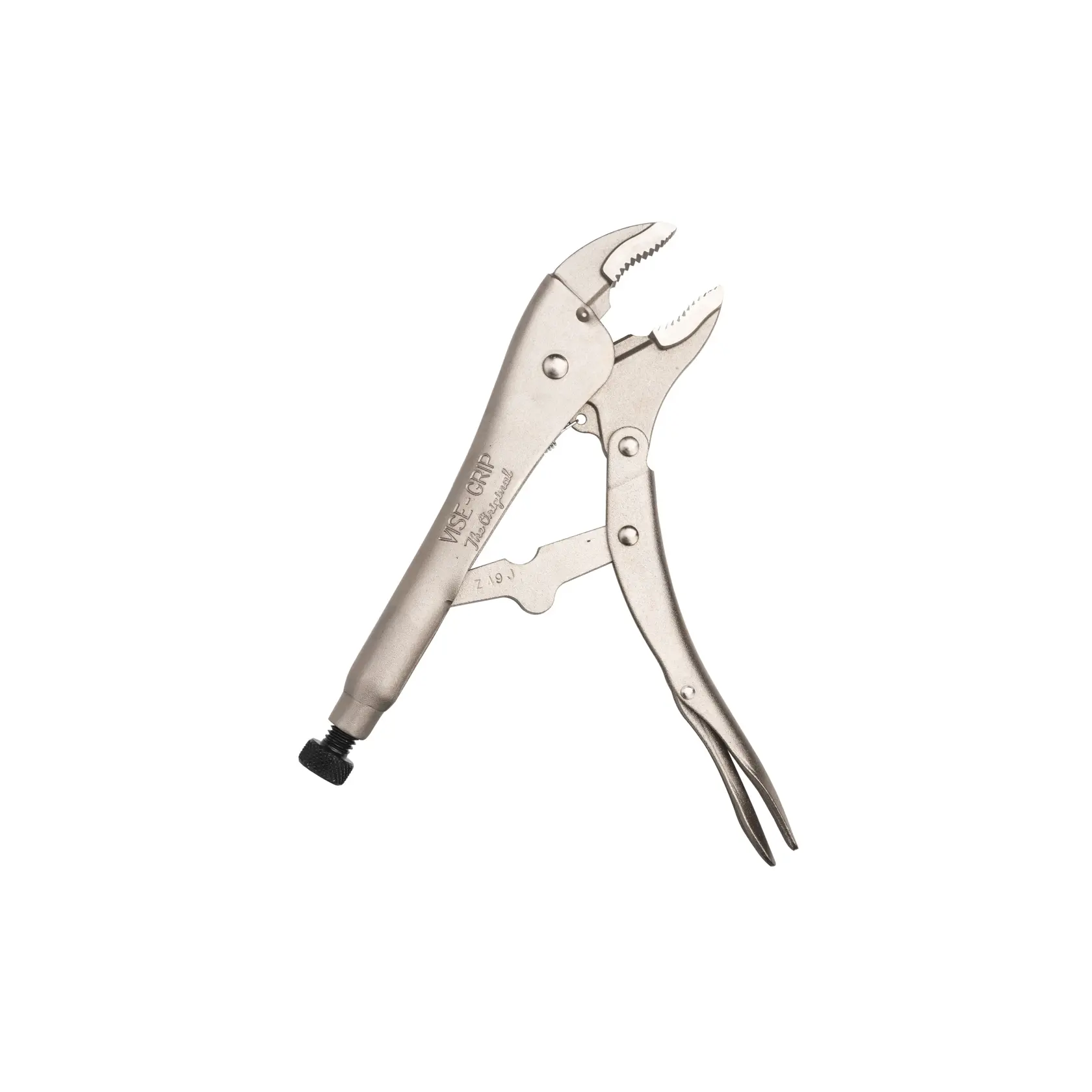 STANLEY FMHT84906-0 locking pliers, silver steel, side angle on white background.