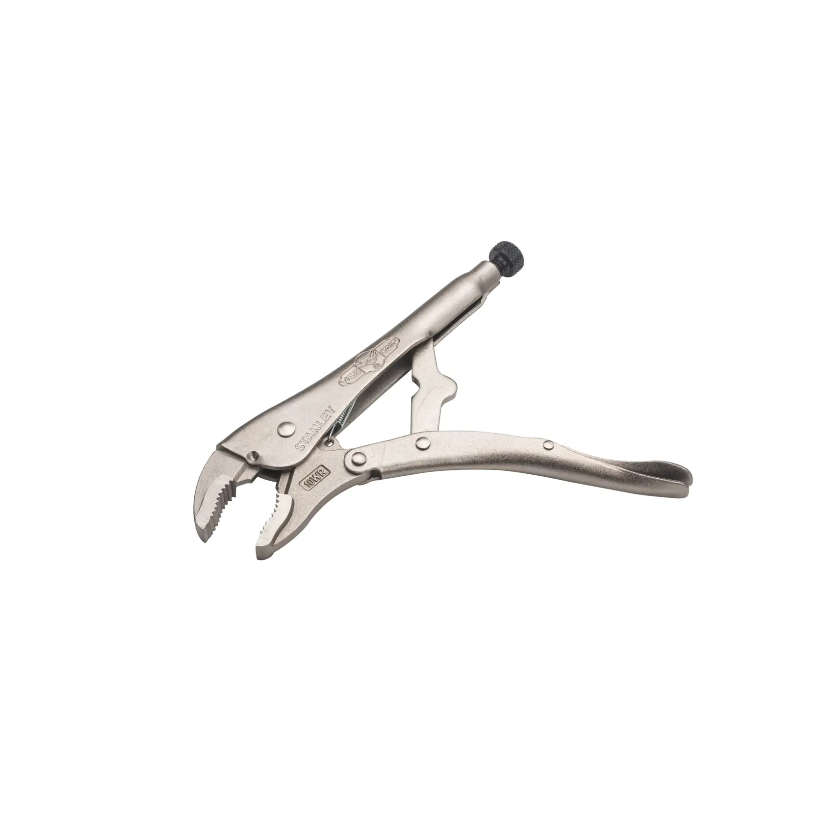 STANLEY FMHT84906-0 curved jaw locking pliers, silver finish, product side view on white background.
