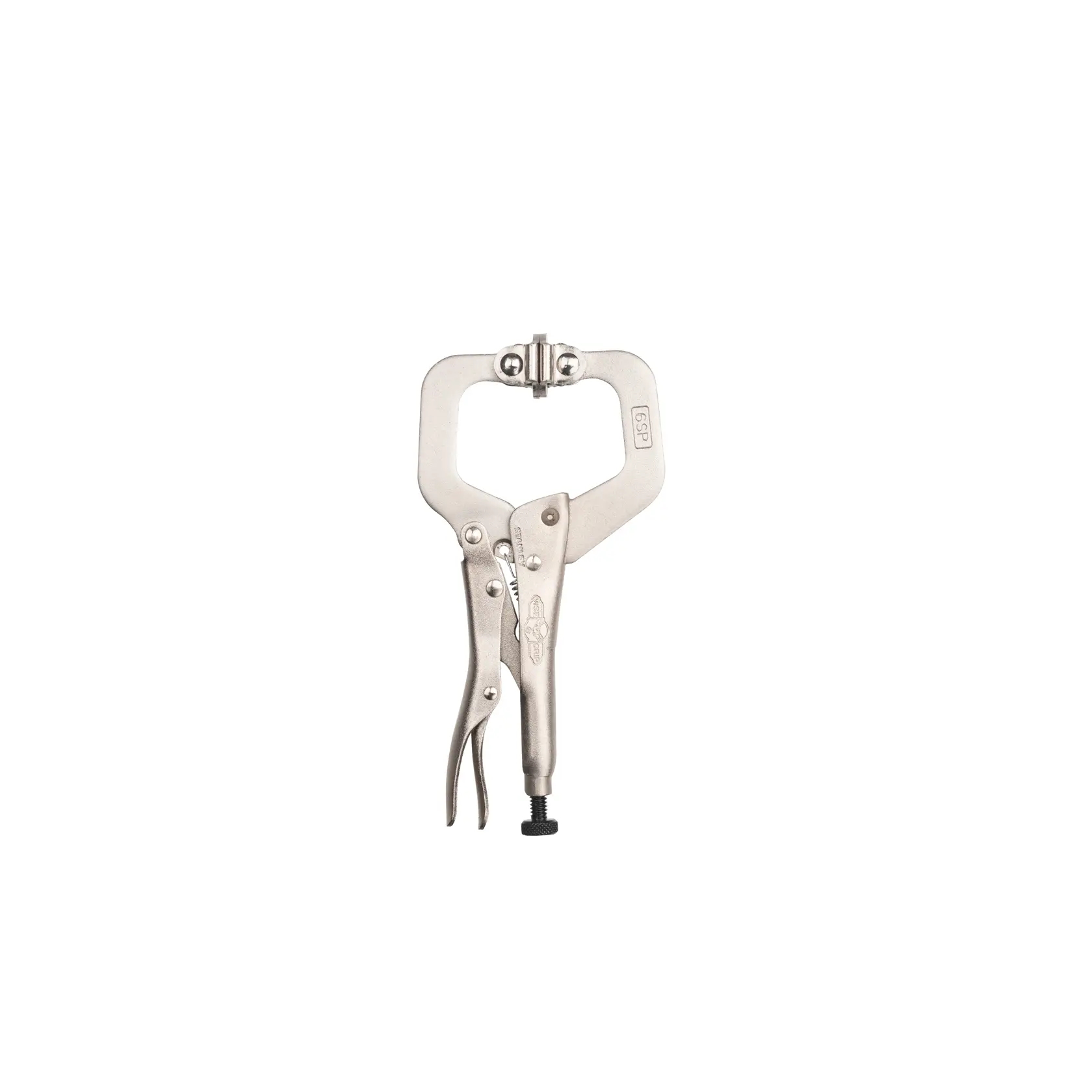 STANLEY FMHT84909-0 locking C-clamp pliers silver, front angle on white background.