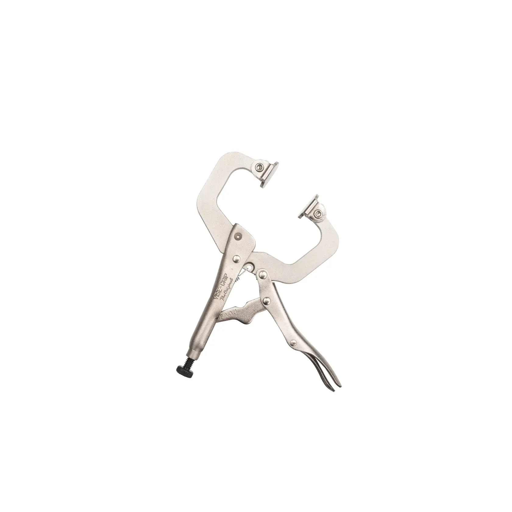 STANLEY FMHT84909-0 C-clamp locking pliers, silver, front angle on white background.