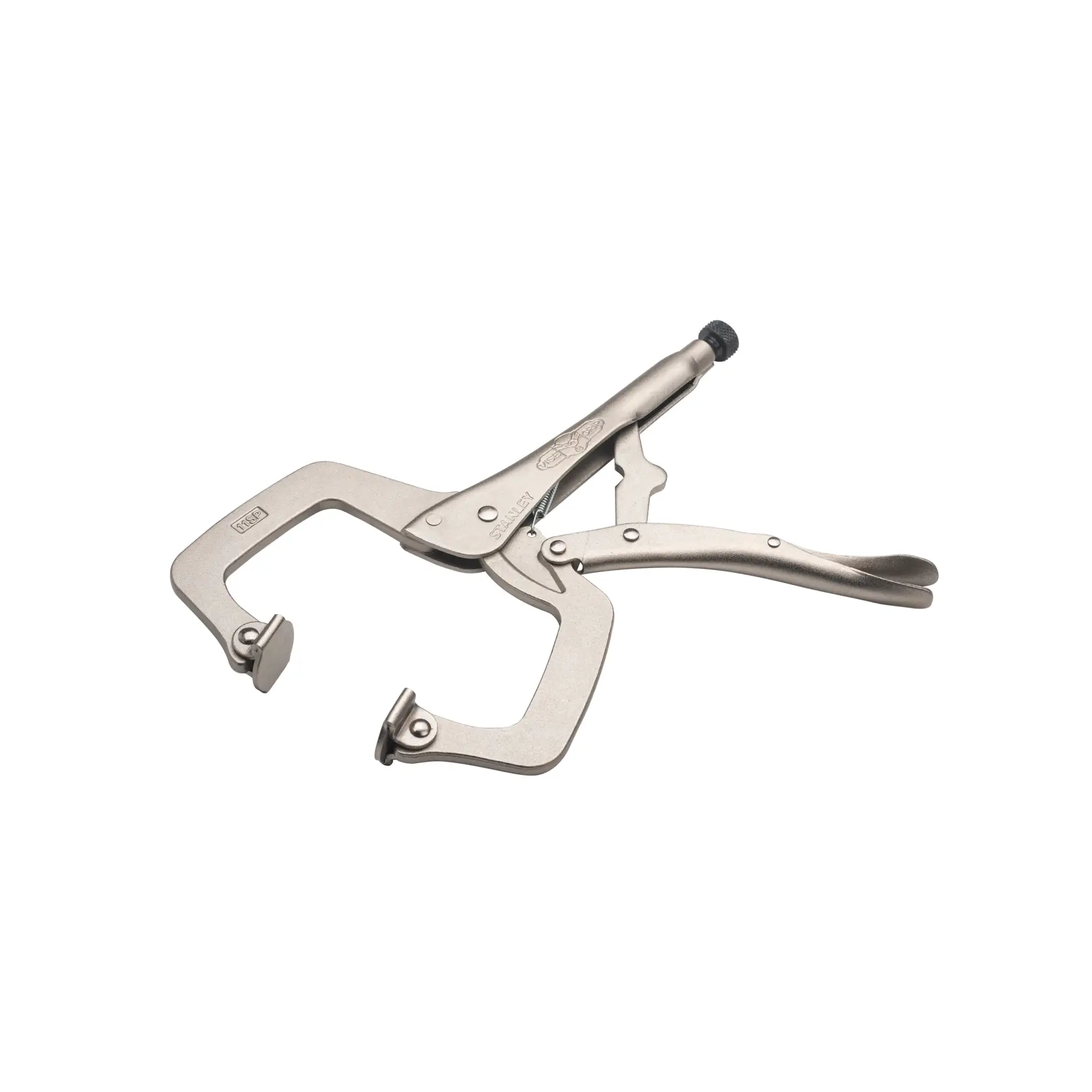 STANLEY FMHT84910-0 C-clamp locking pliers, metallic finish, front angle on white background.