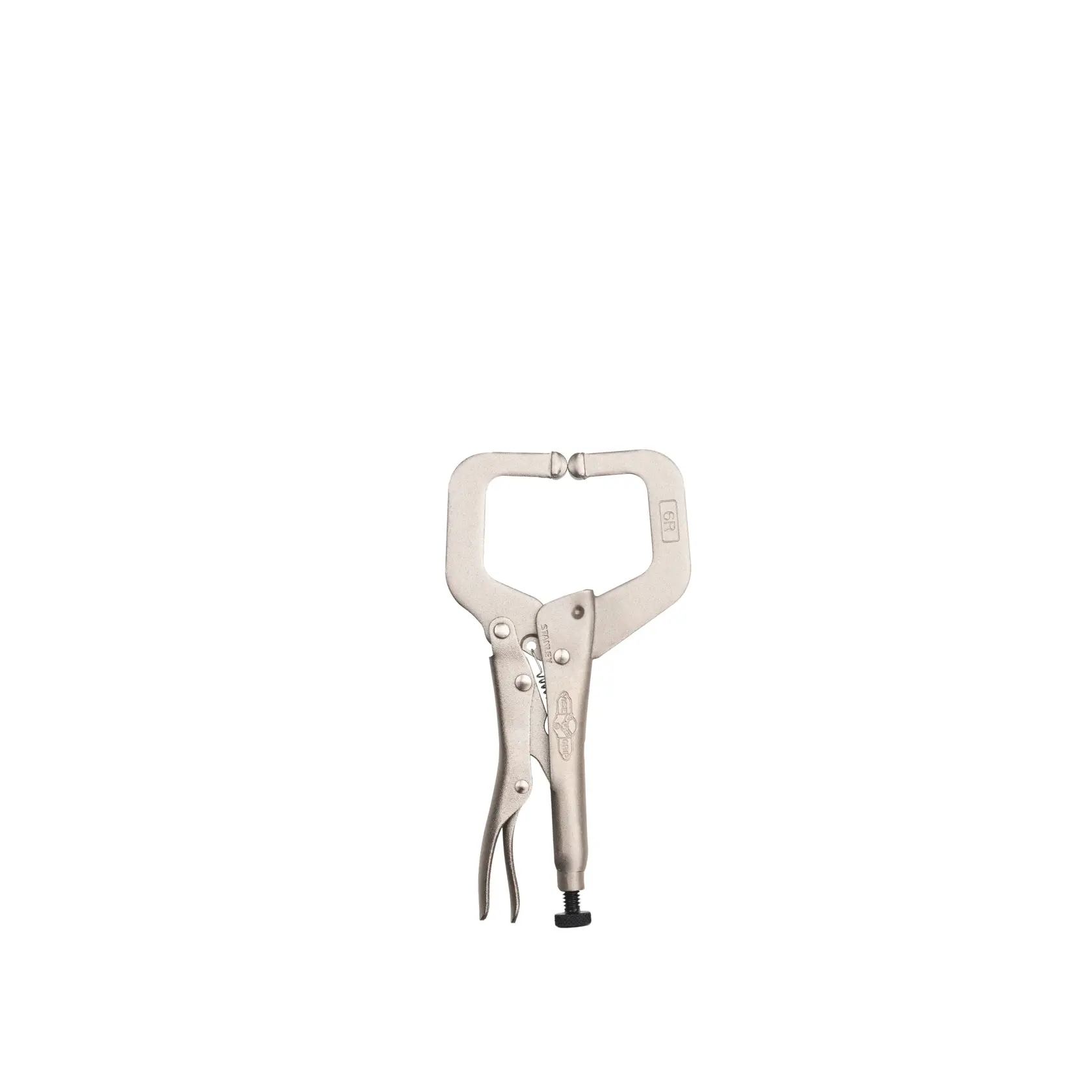 STANLEY FMHT84911-0 locking C-clamp pliers, silver metal, front angle, on white background.