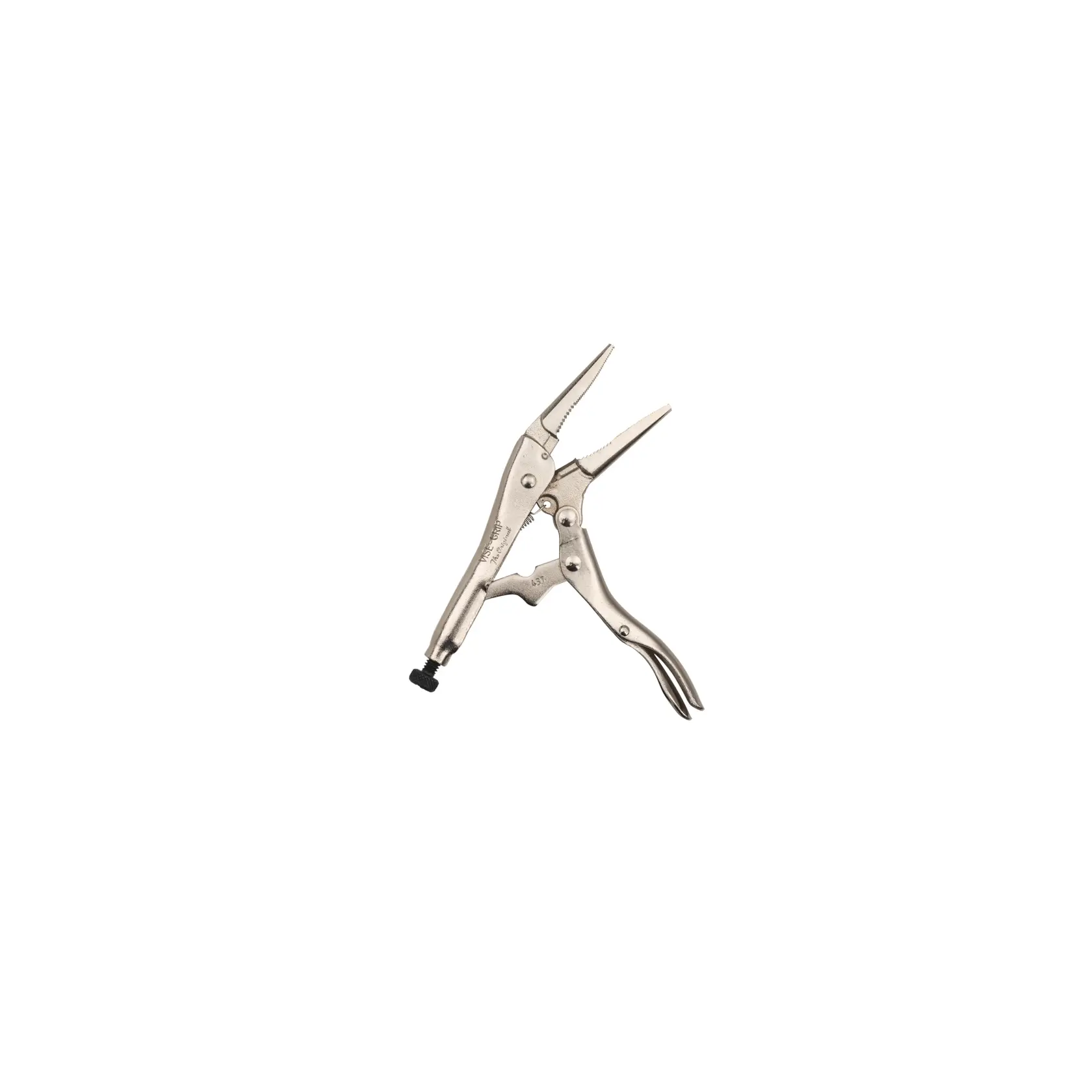 STANLEY FMHT84917-0 locking long nose pliers, silver, side angle on white background.