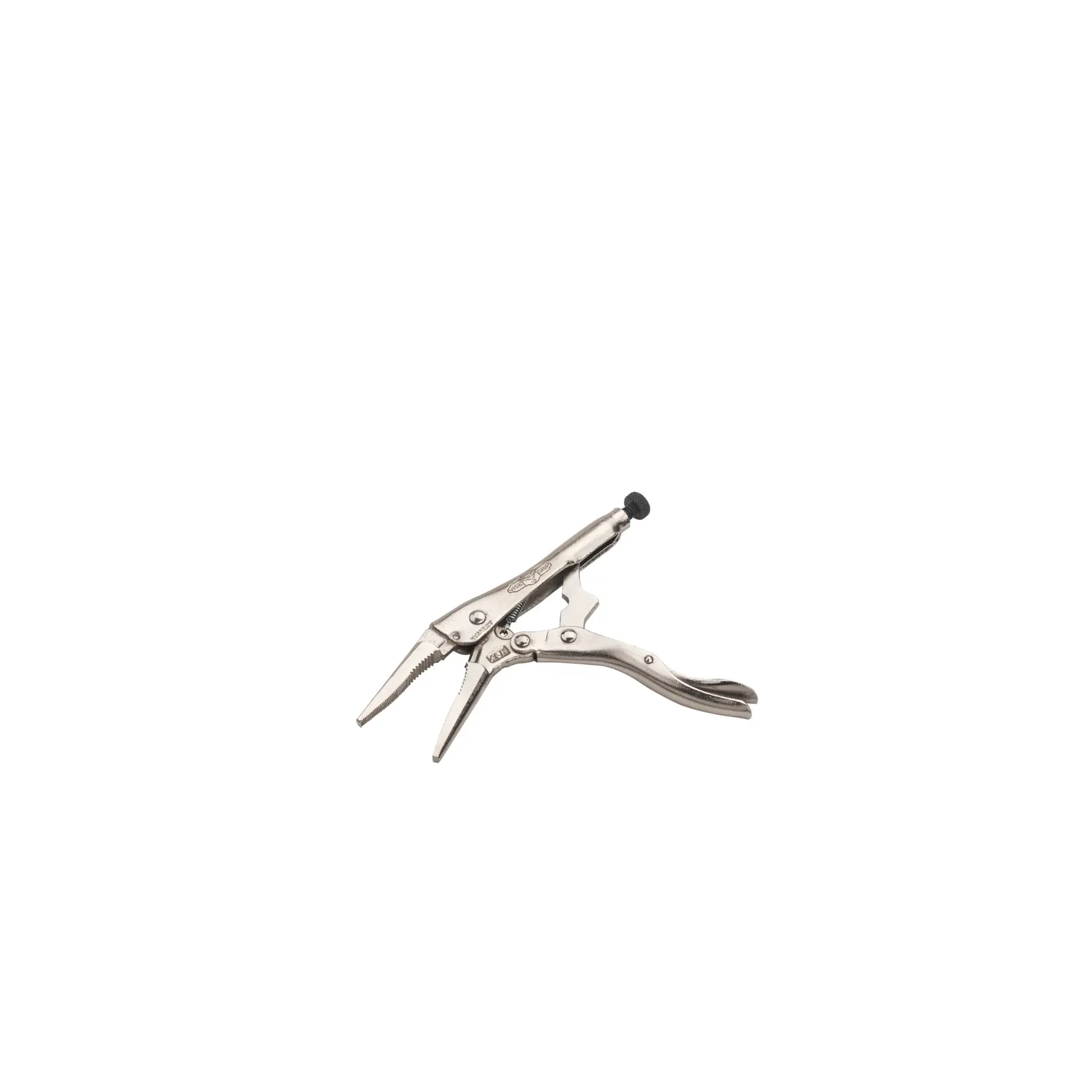 STANLEY FMHT84917-0 long nose locking pliers, silver metal, side angle on white background.