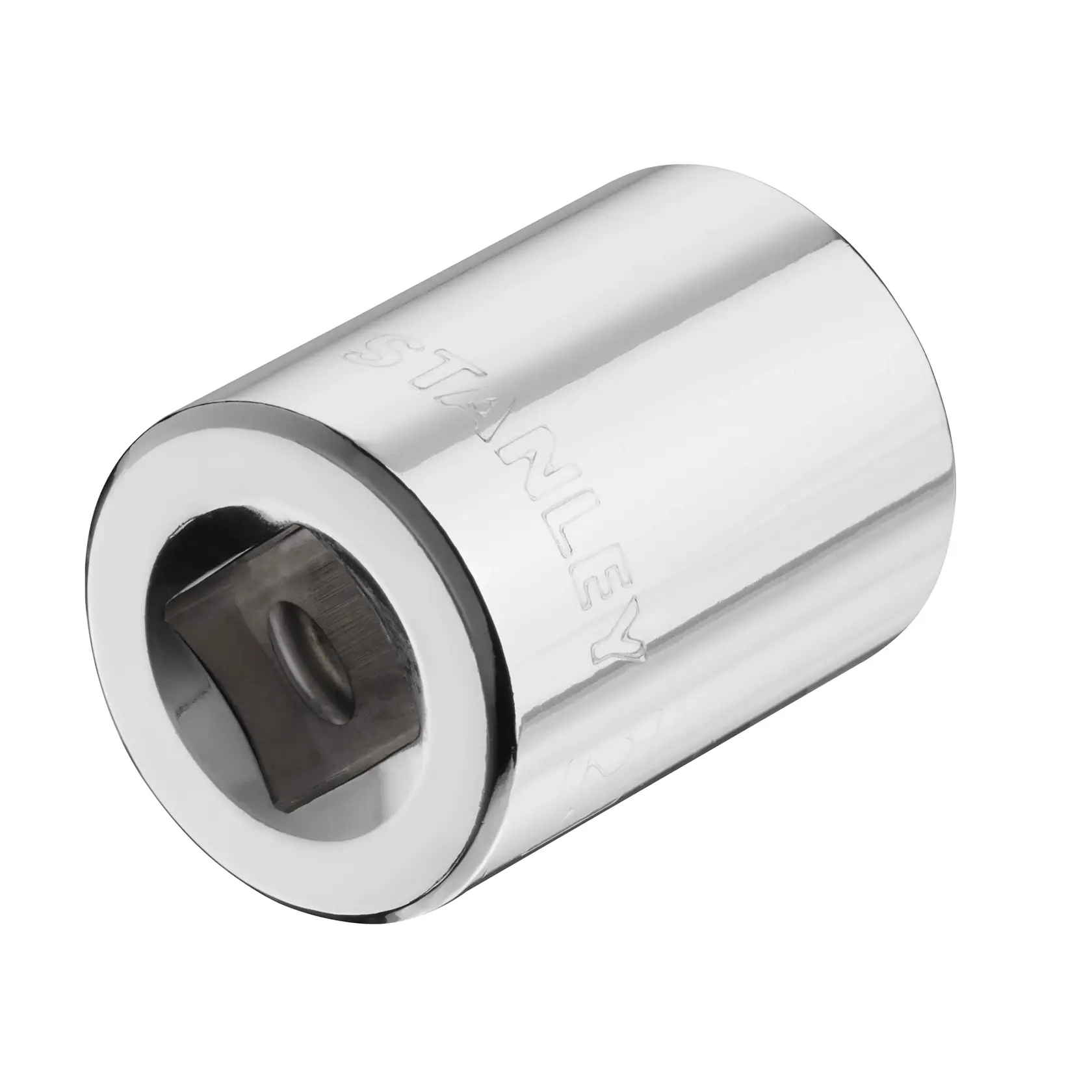 STANLEY FMMT13029-0 chrome socket, cylindrical, close-up on white background, hand tool accessory.