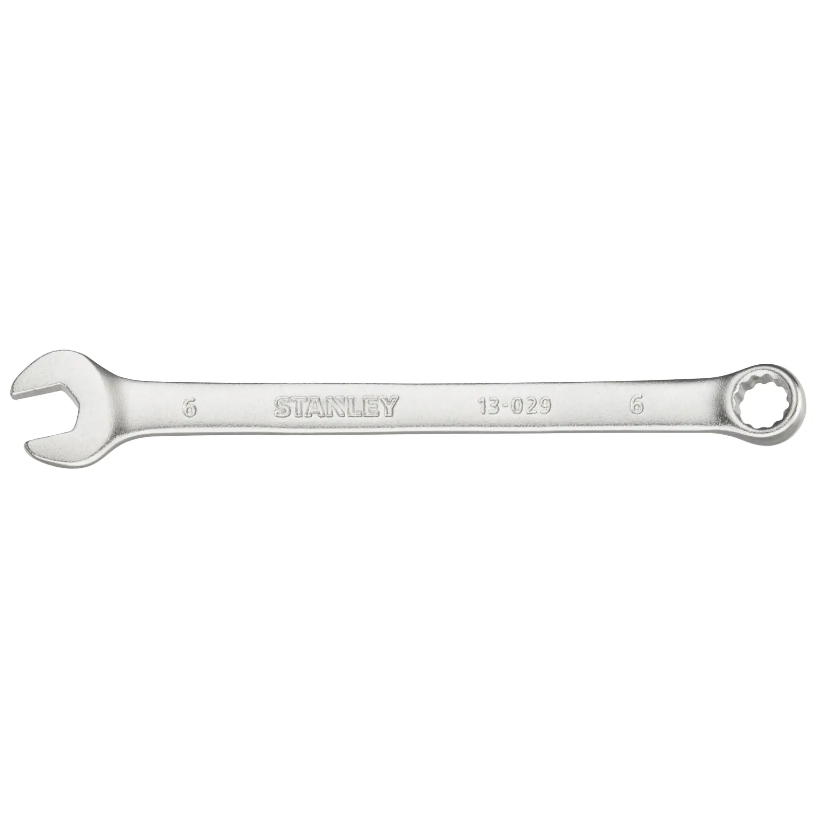 Photo of STANLEY FMMT13029-0 combination wrench, chrome finish, open-end and box-end, top view on white background.