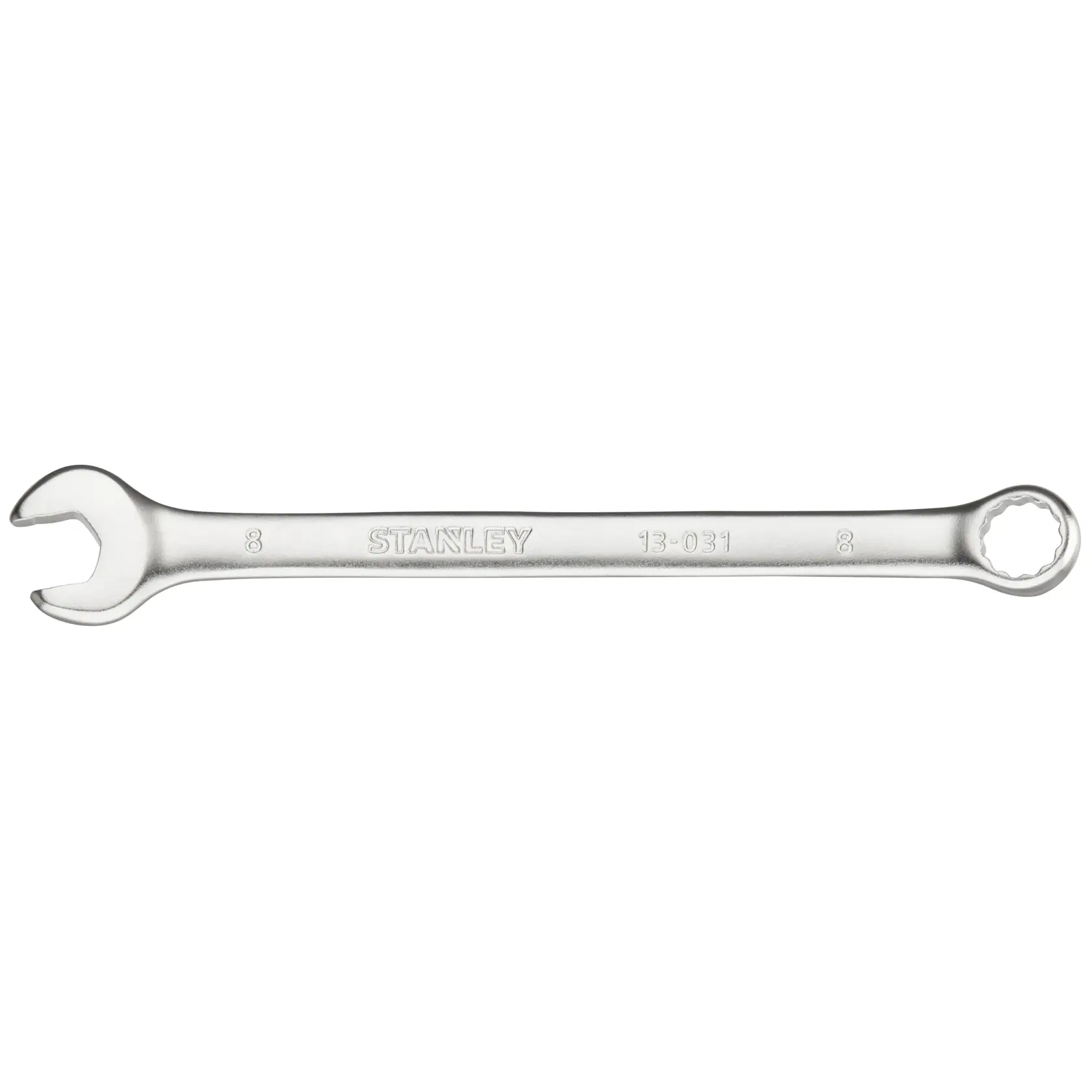 Stanley FMMT13031-0 combination wrench, 8mm, silver finish, flat side angle, on white background.