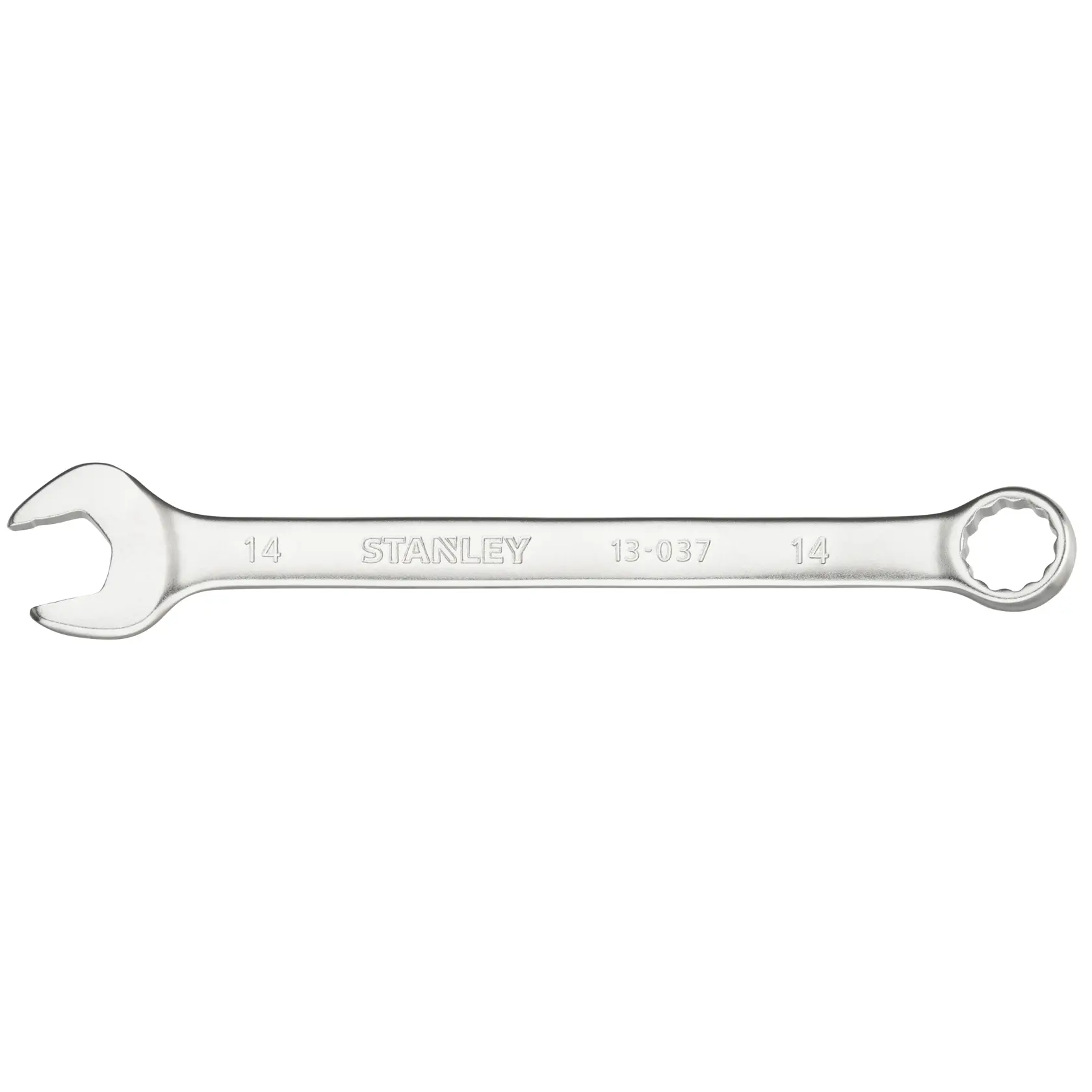 Photo of STANLEY FMMT13037-0 combination wrench, silver finish, open and box end, product on white background.