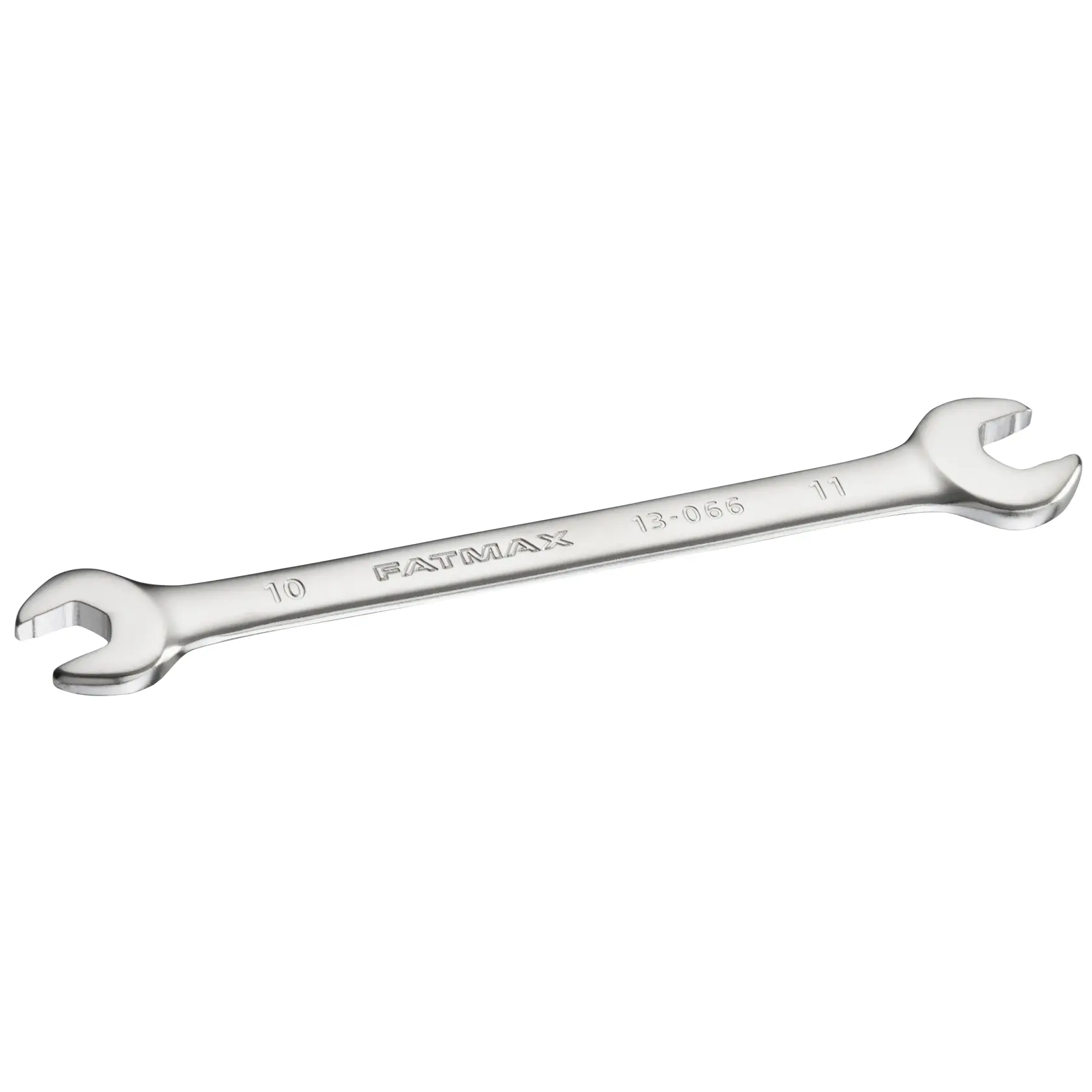STANLEY FMMT13066-0 double open-end wrench, silver, FatMax, size 10-11mm, side angle, white background.