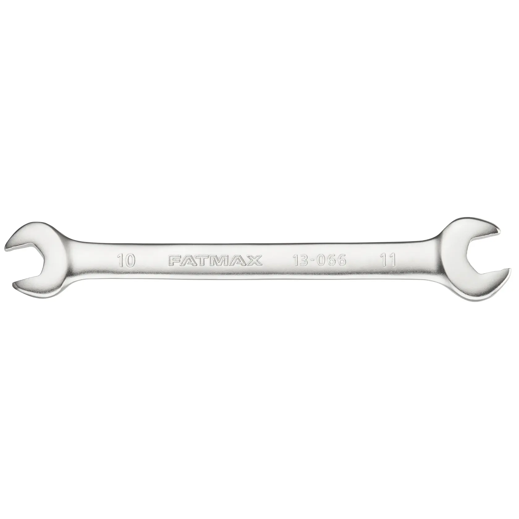 STANLEY FMMT13066-0 double open-end wrench, silver, sizes 10mm and 11mm, top view on white background.
