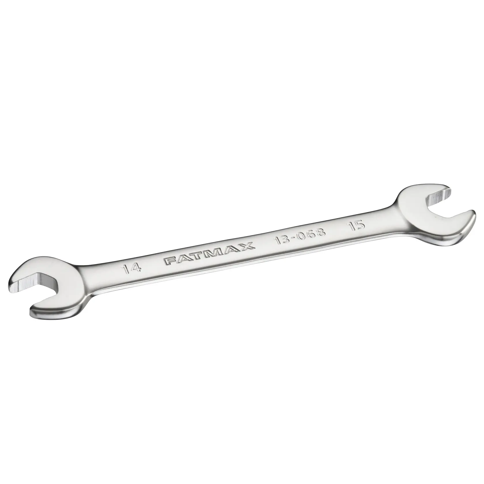 STANLEY FMMT13068-0 chrome double open-ended wrench, angled side view, with size markings.