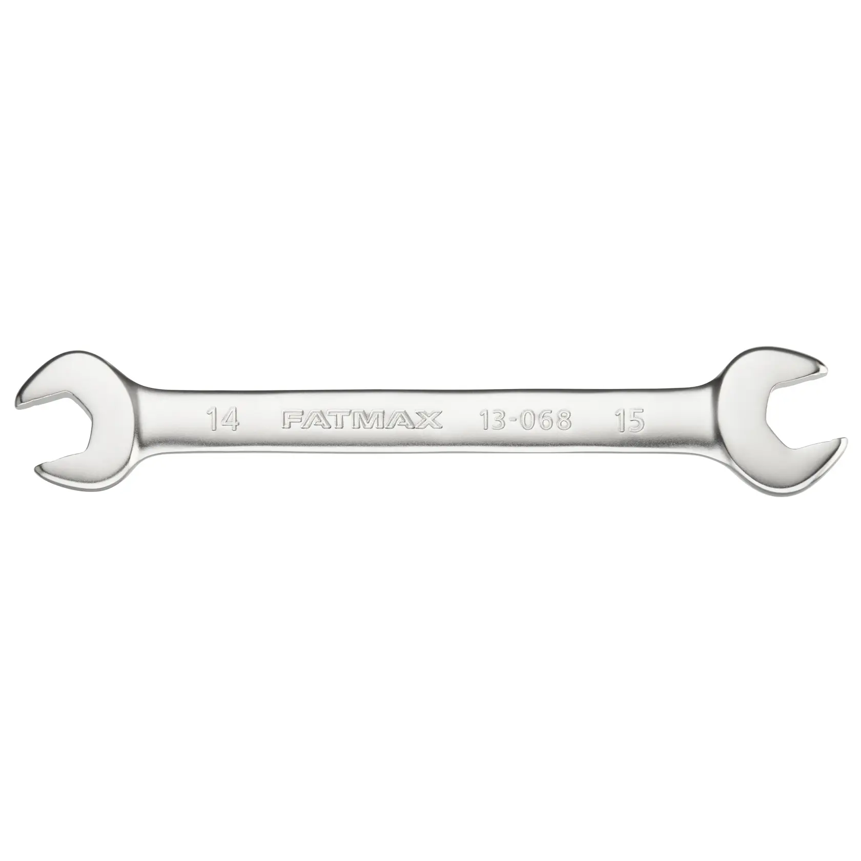 STANLEY FMMT13068-0 open-end wrench, silver, with 14 mm and 15 mm heads, photography, top view, white background.