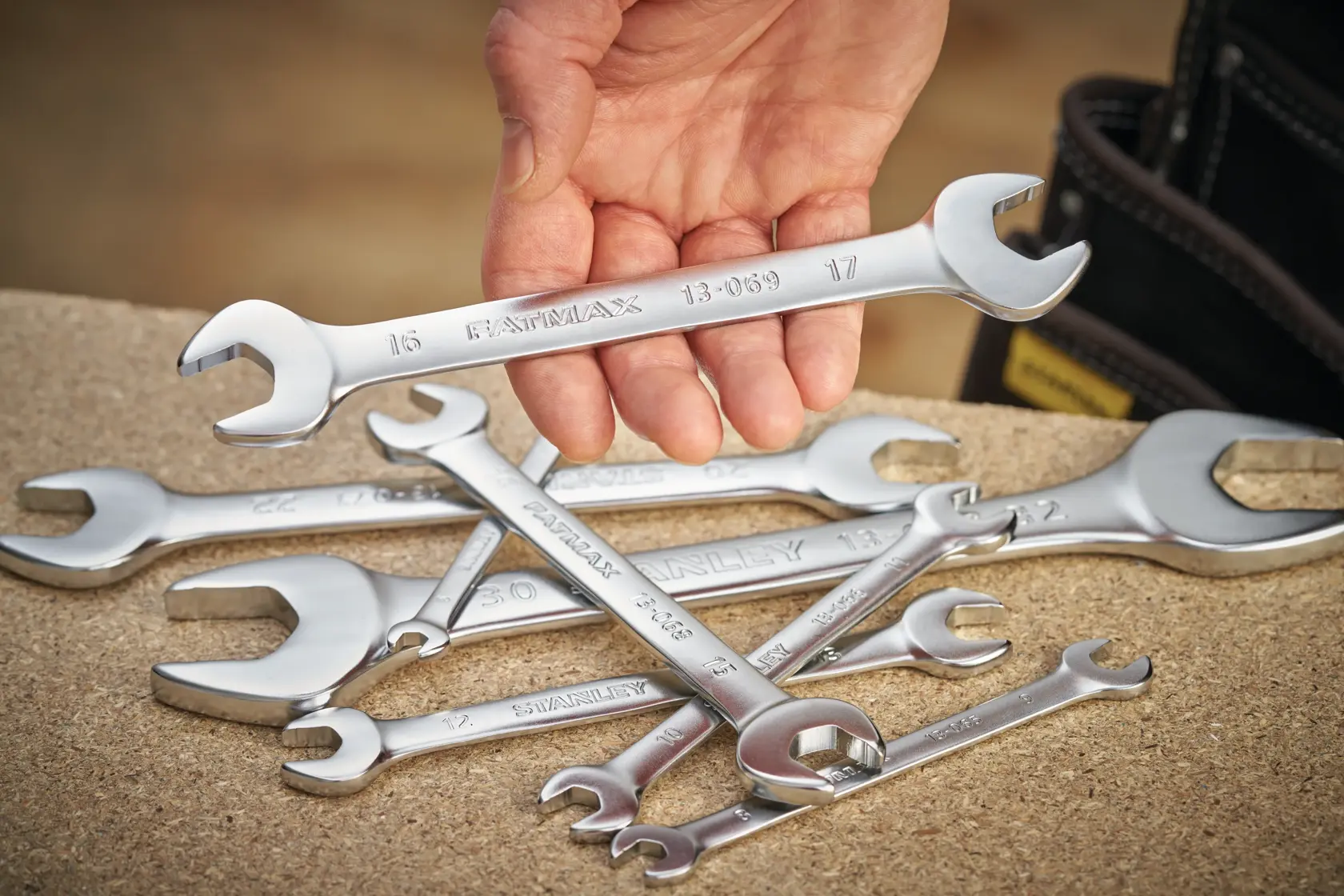 STANLEY FMMT13068-0 photography of silver wrenches, one held in hand, on a work surface.
