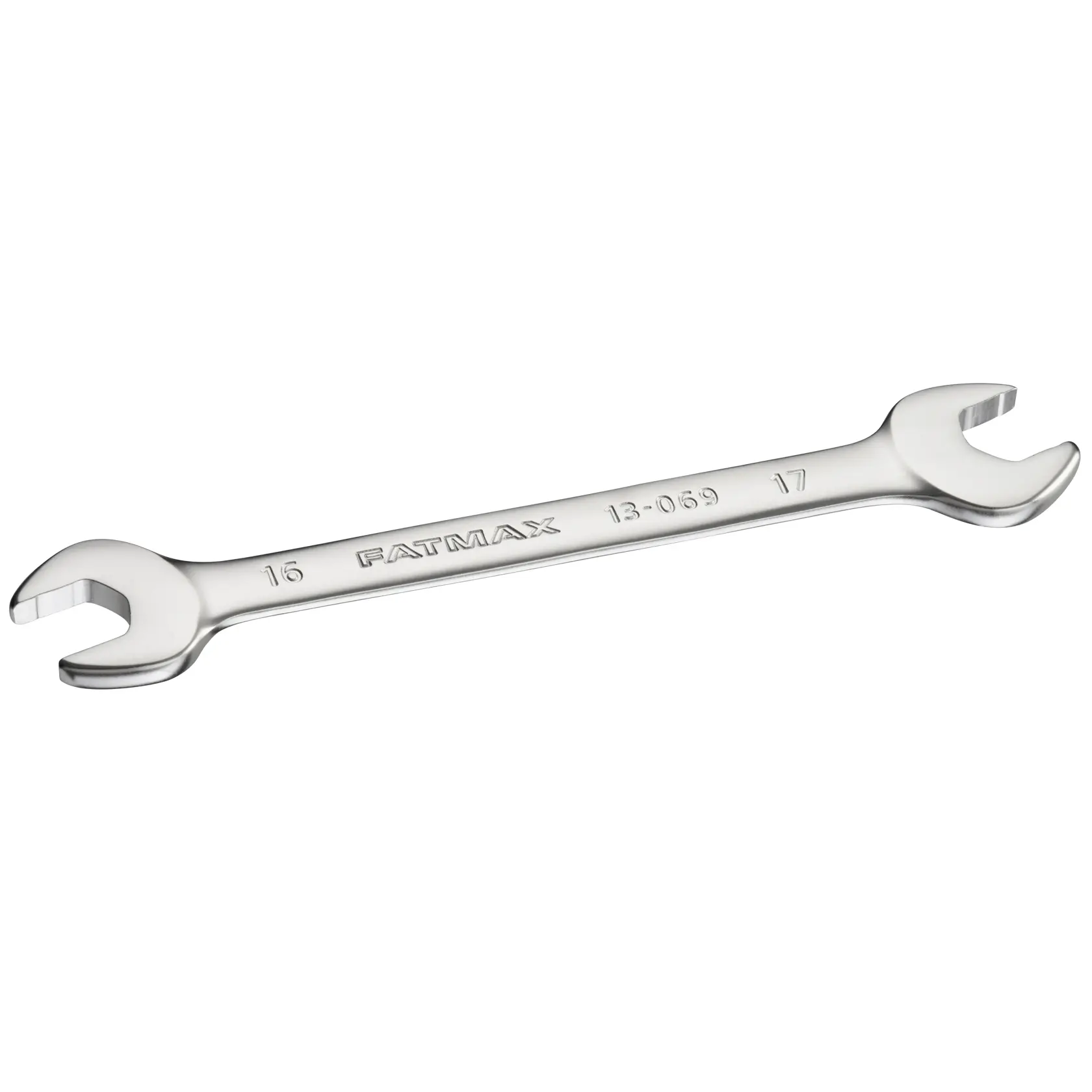 STANLEY FMMT13069-0 double open-end wrench, silver, angled on white background.