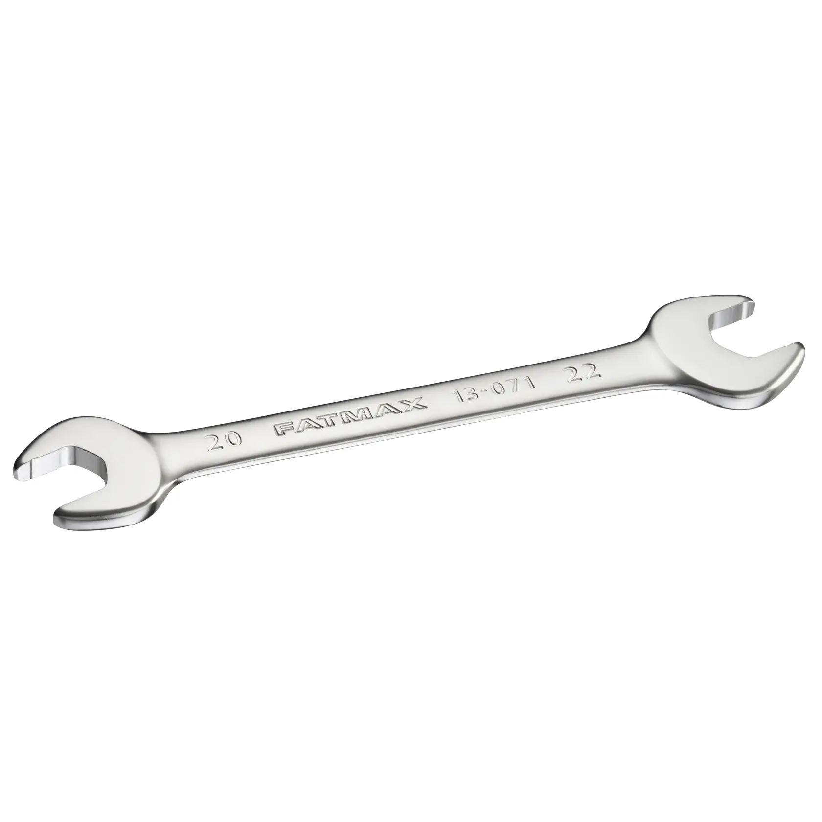 STANLEY FMMT13071-0 open-end wrench, silver, dual head, angled side view, hand tool.