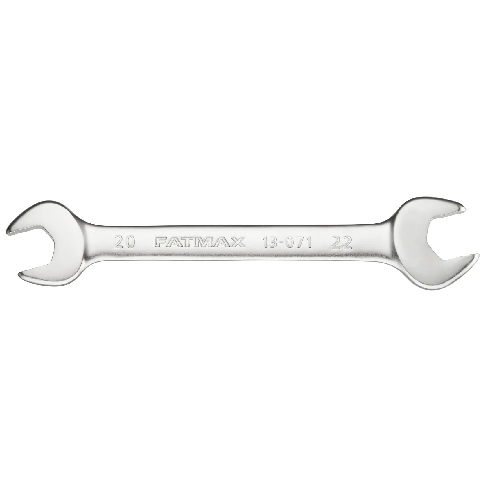 STANLEY FMMT13071-0 open-end wrench, silver, dual size 20 and 22 mm, flat lay on white background.