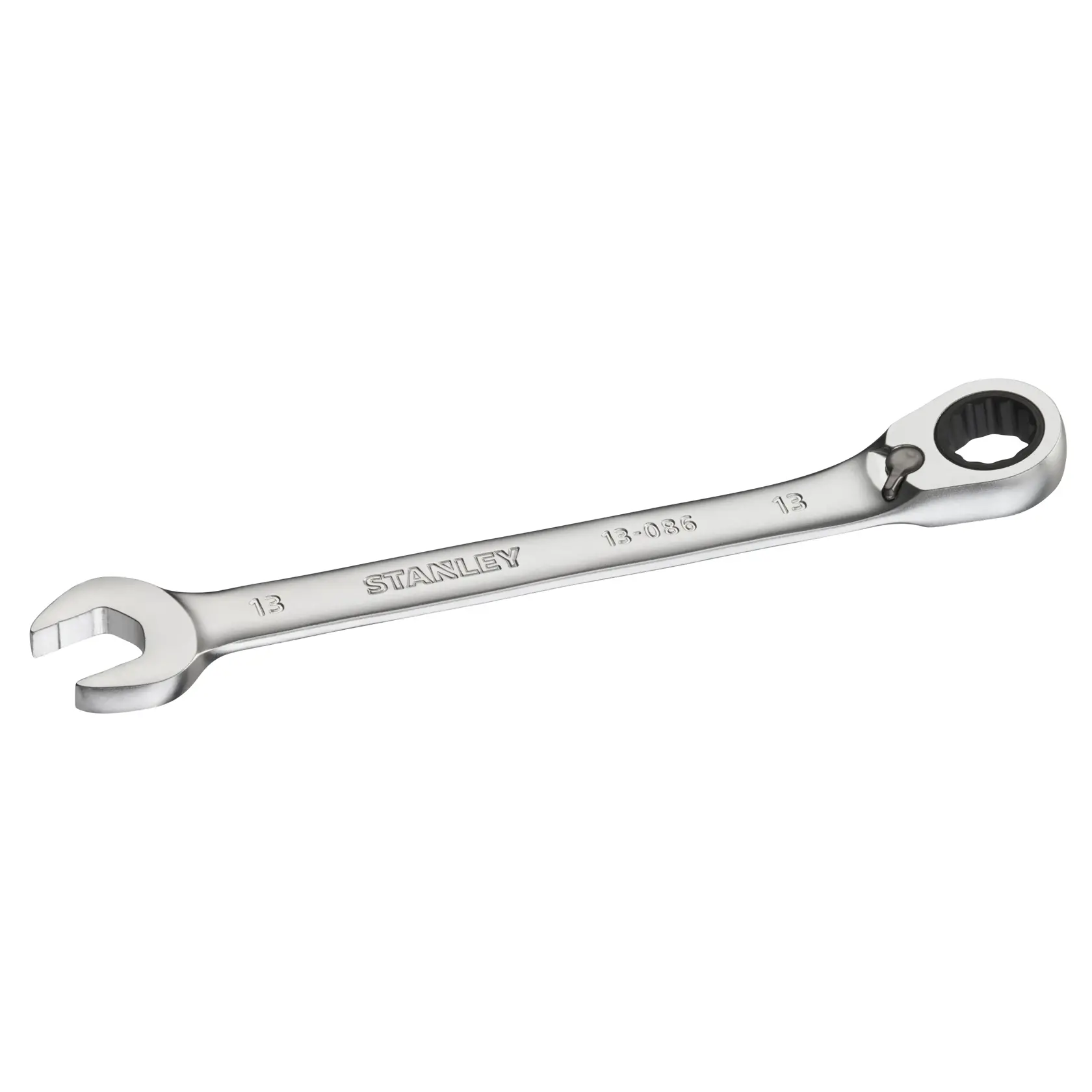 STANLEY FMMT13086-0 ratcheting combination wrench, silver, flat side angle, hand tool.