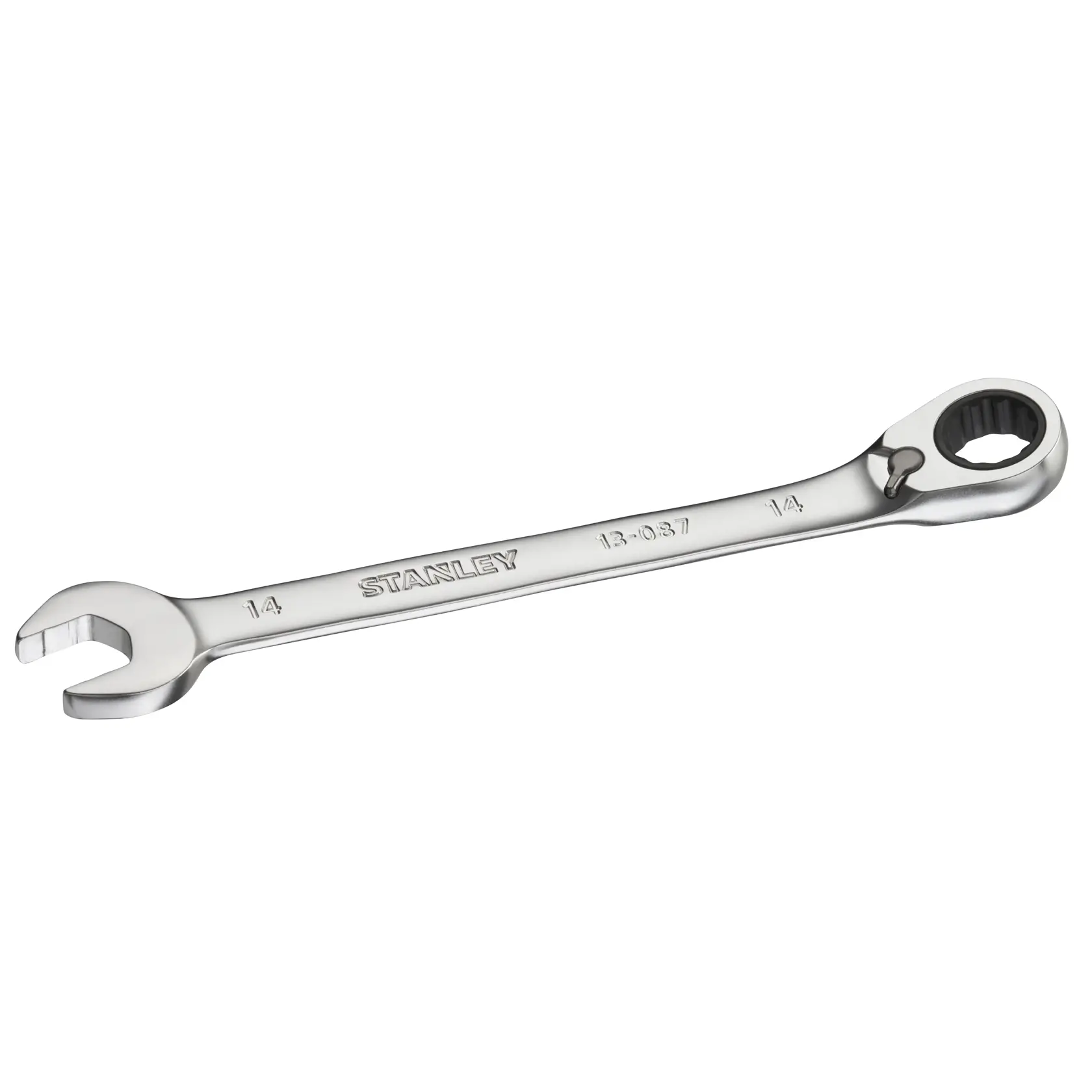 STANLEY FMMT13087-0 ratcheting combination wrench, 14mm, metal, side angle on white background.