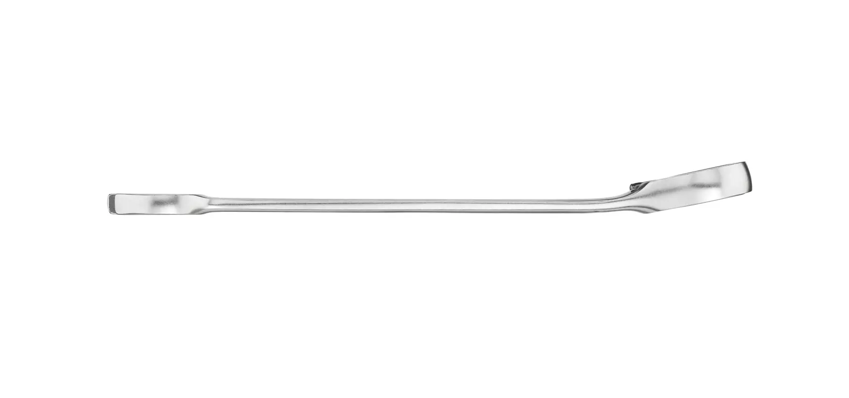 A flat, metal pry bar tool shown horizontally on a white background.