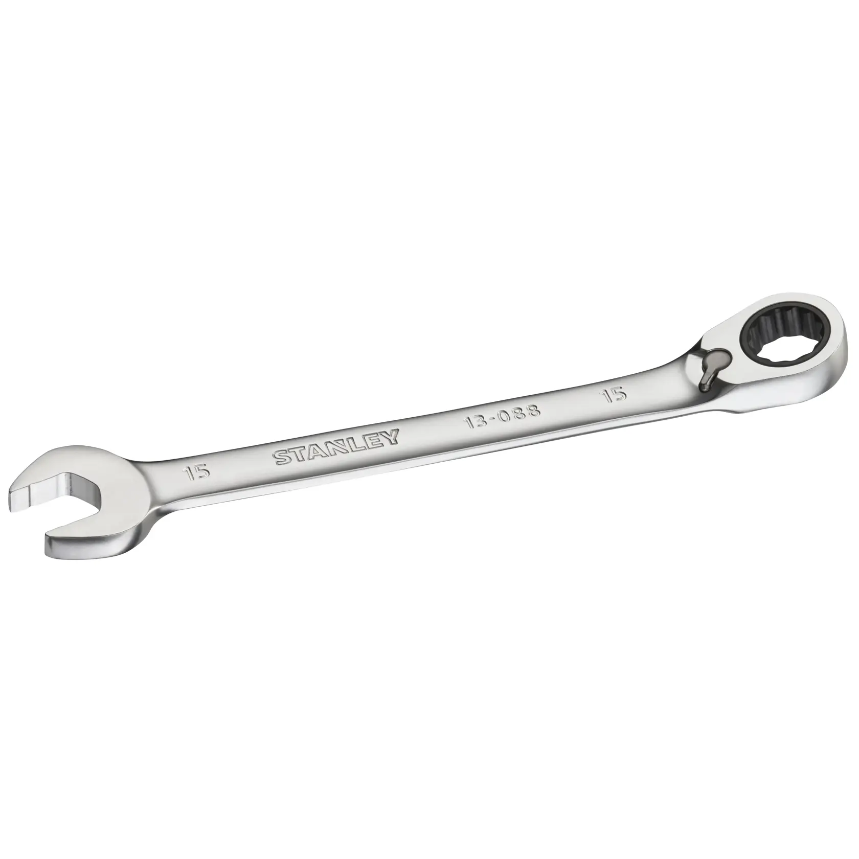 STANLEY FMMT13088-0 combination ratcheting wrench silver, photo from angled side on white background.