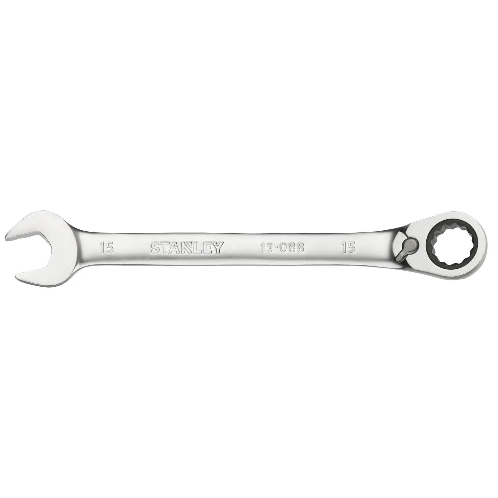 STANLEY FMMT13088-0 ratcheting combination wrench, silver finish, flat side view, hand tool photography.