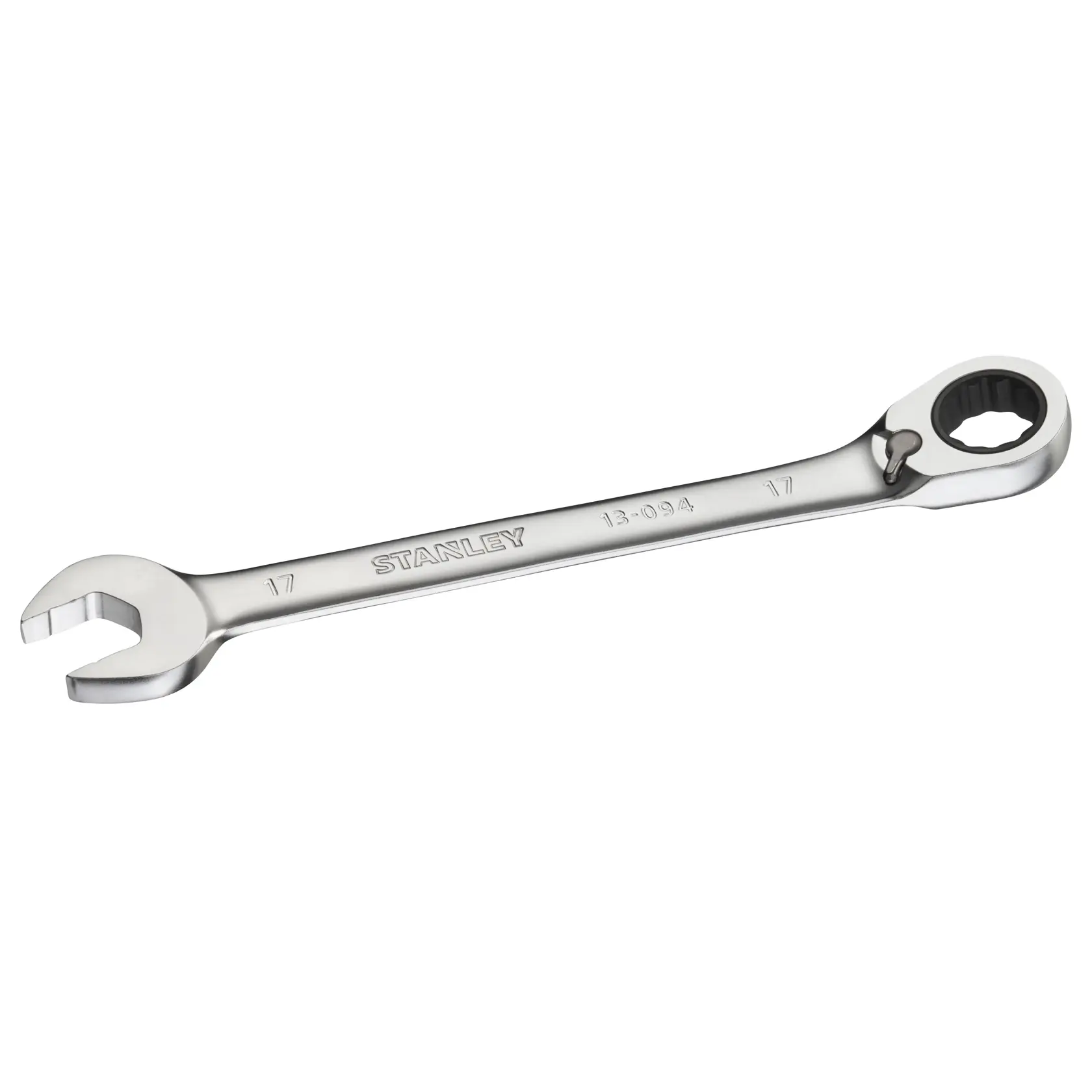 Stanley FMMT13094-0 chrome combination ratcheting wrench 17mm, product photo on white background.