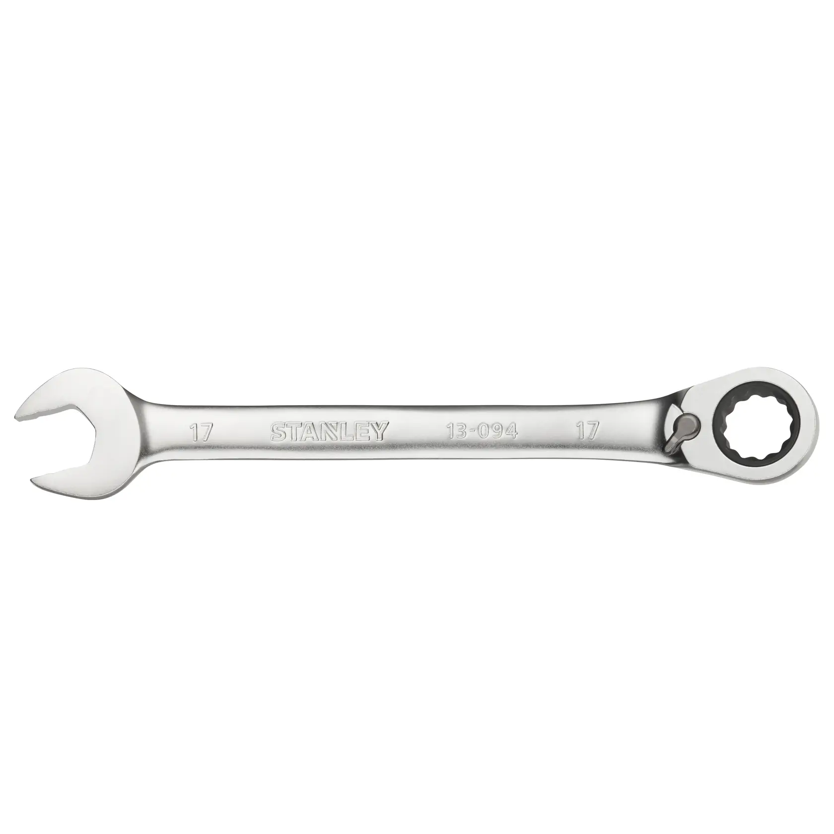 STANLEY FMMT13094-0 combination ratcheting wrench 17mm, photography, side angle on white background.