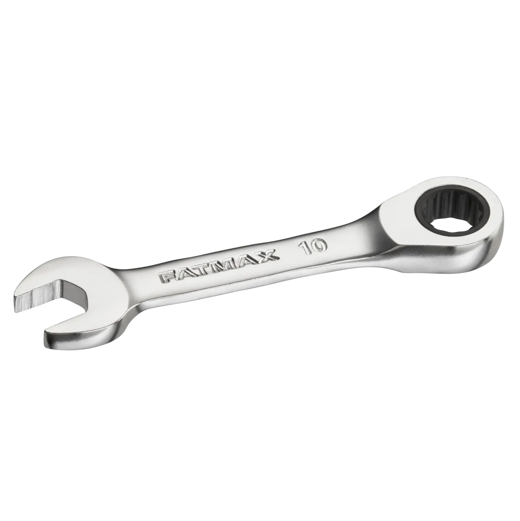 STANLEY FMMT13098-0 ratcheting combination wrench, silver finish, top angle, hand tool.