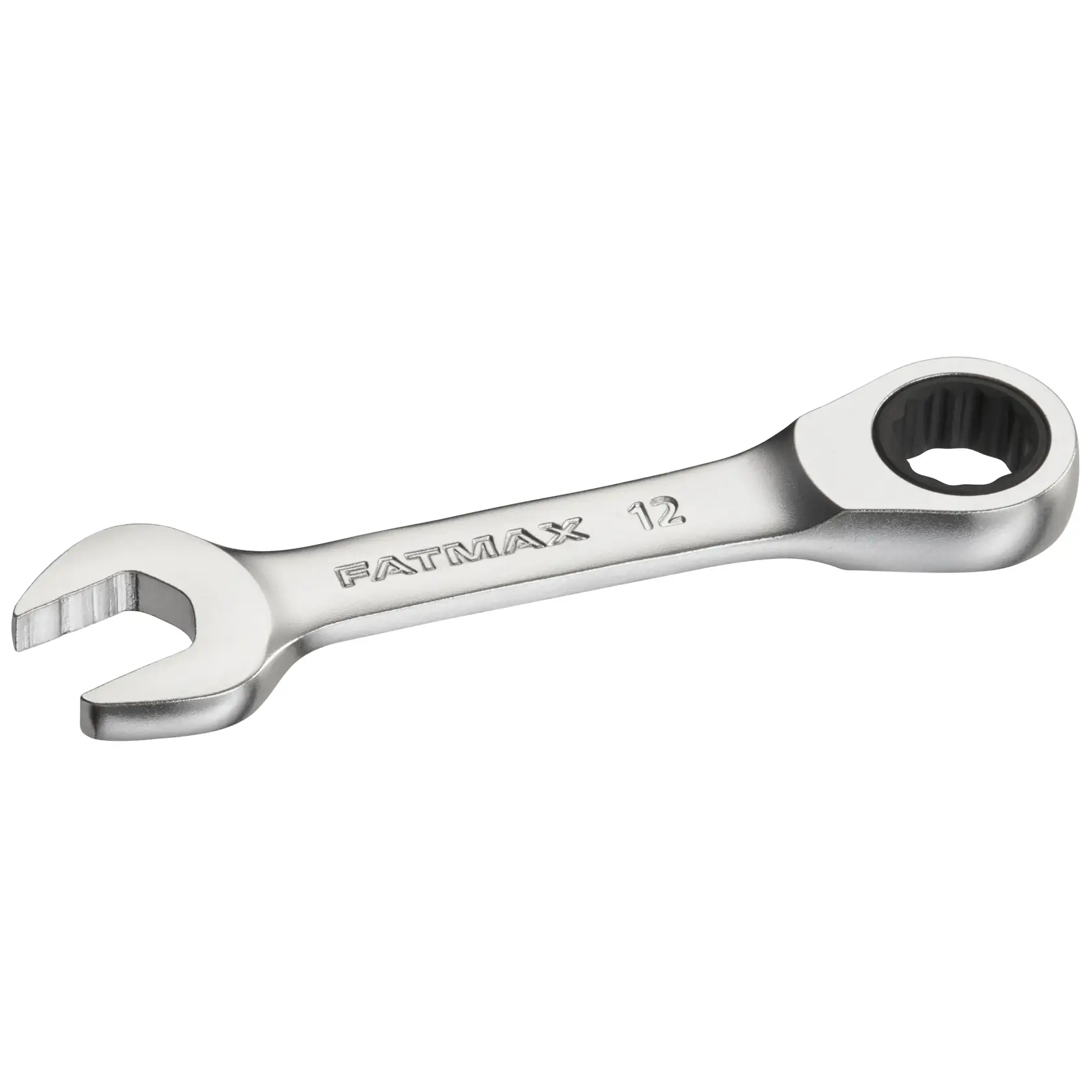 STANLEY FMMT13109-0 ratcheting combination wrench, silver, FATMAX branding, front angle on white background.