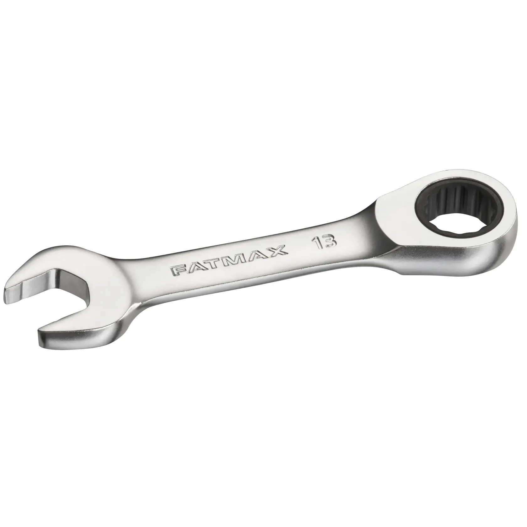 STANLEY FMMT13111-0 ratcheting combination wrench, silver, side angle photo.