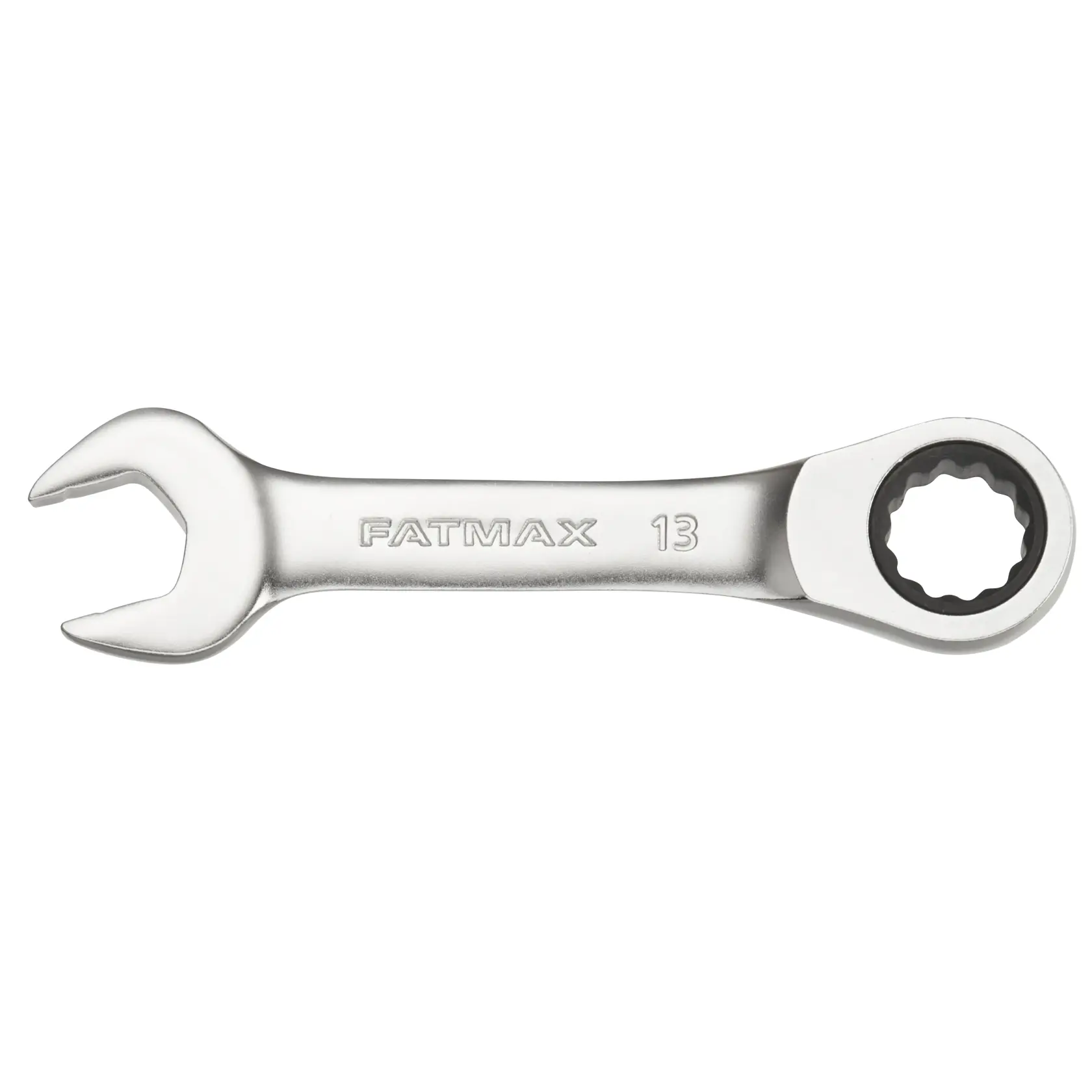 STANLEY FMMT13111-0 ratcheting combination wrench, silver hand tool, top view, white background.