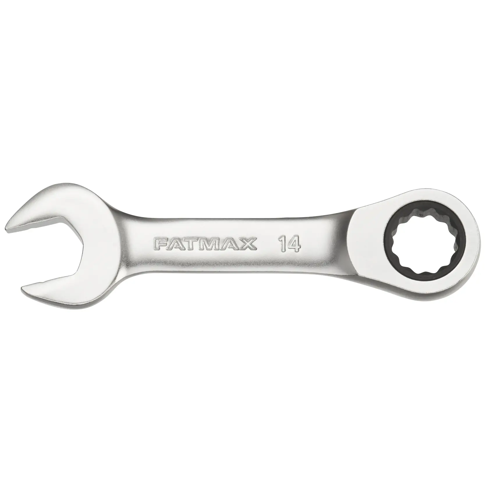 STANLEY FMMT13112-0 ratcheting combination wrench, silver, FATMAX 14, top view on white background.