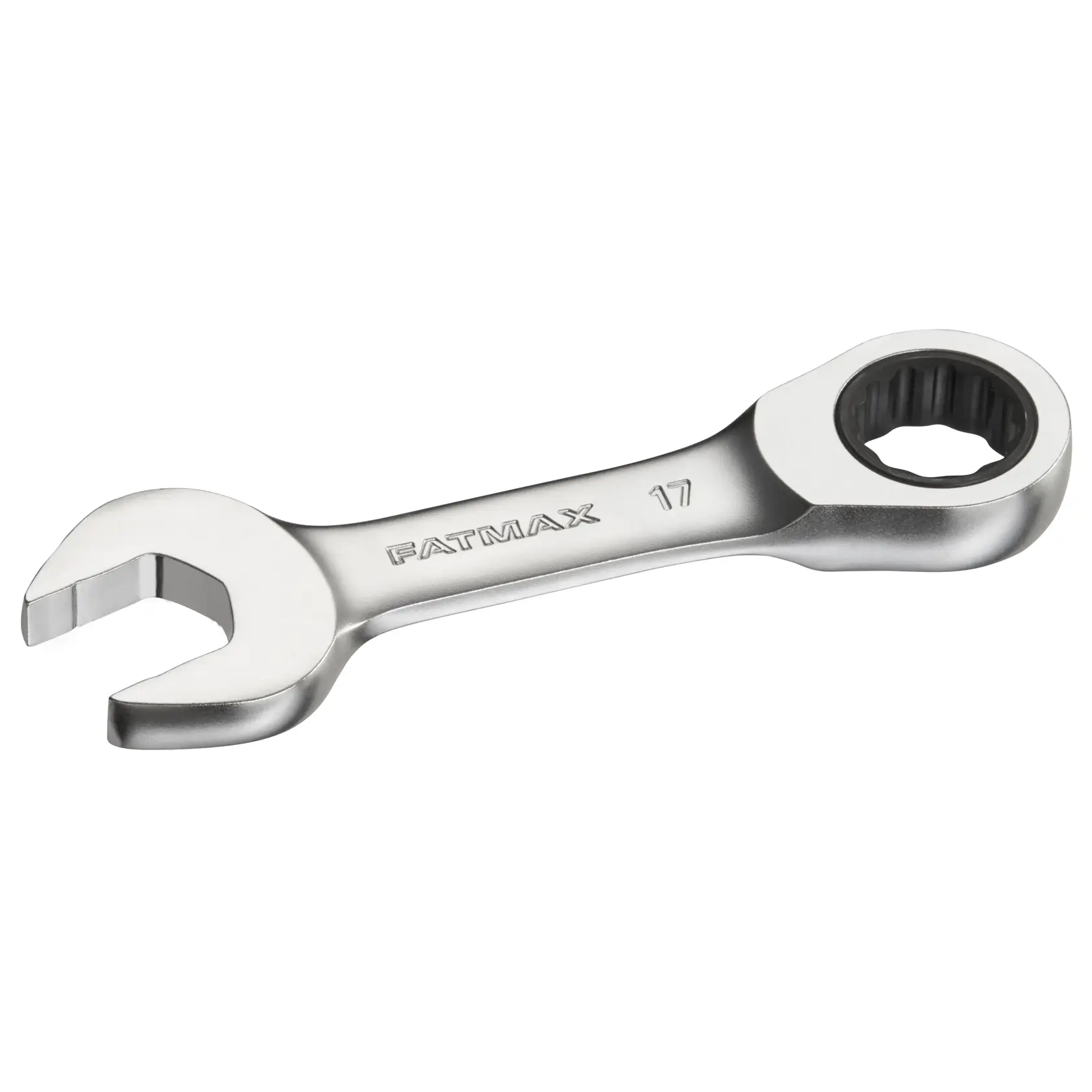 STANLEY FMMT13113-0 ratcheting combination wrench, silver, 17mm, side angle, photo on white background.
