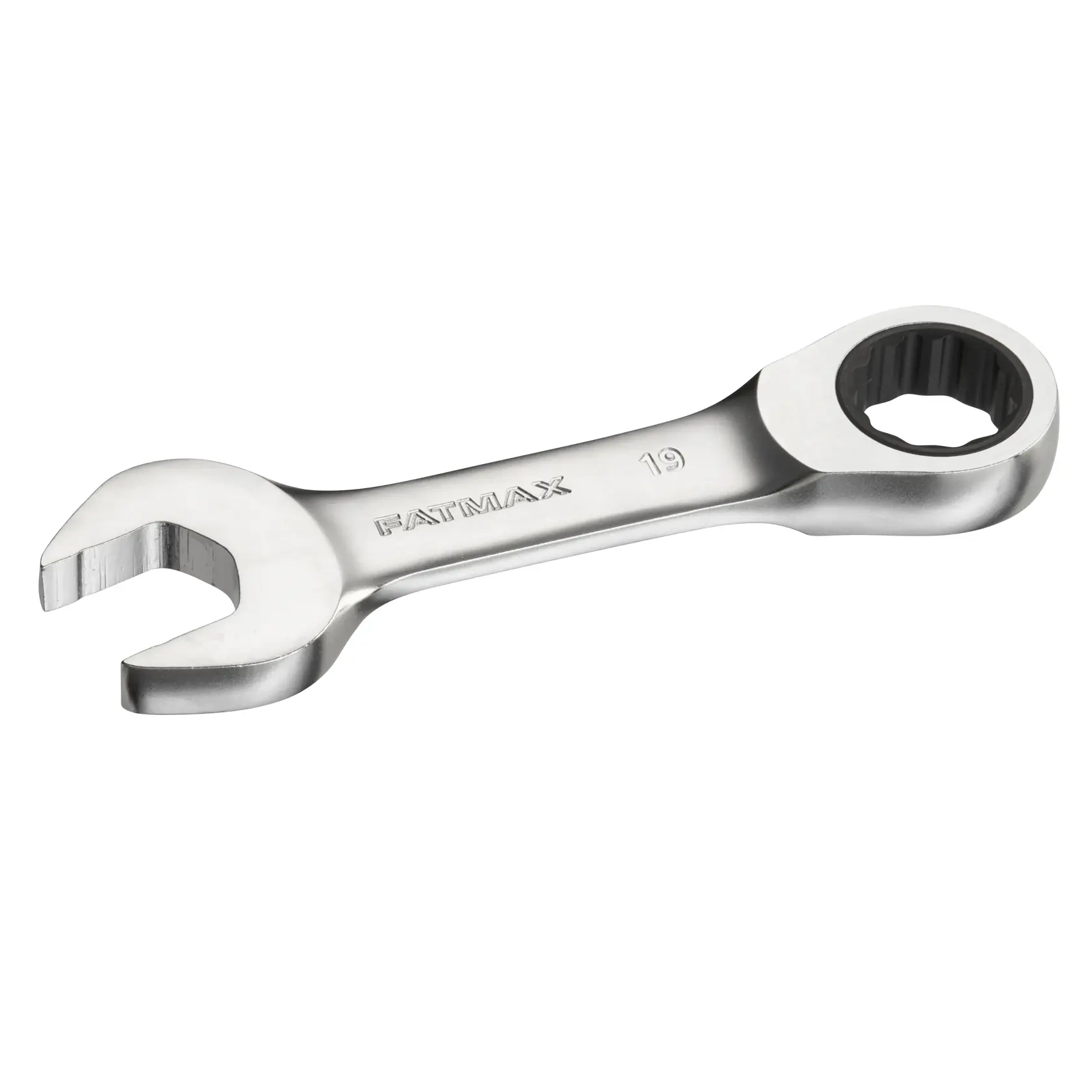 STANLEY FMMT13115-0 ratcheting combination wrench, silver, photography, top angle on white background.