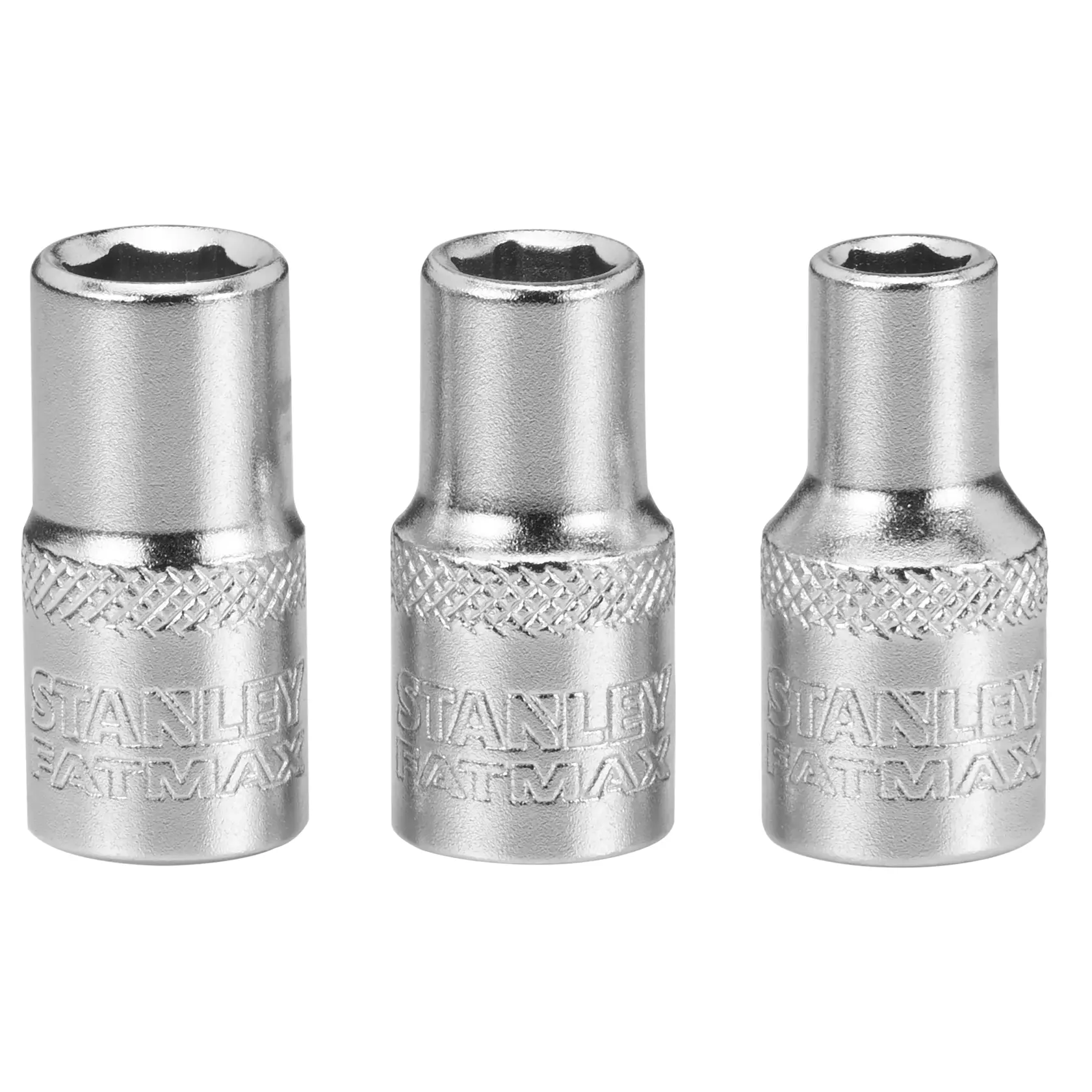 Three silver STANLEY FATMAX sockets, positioned upright in a row, with textured grip and embossed branding.