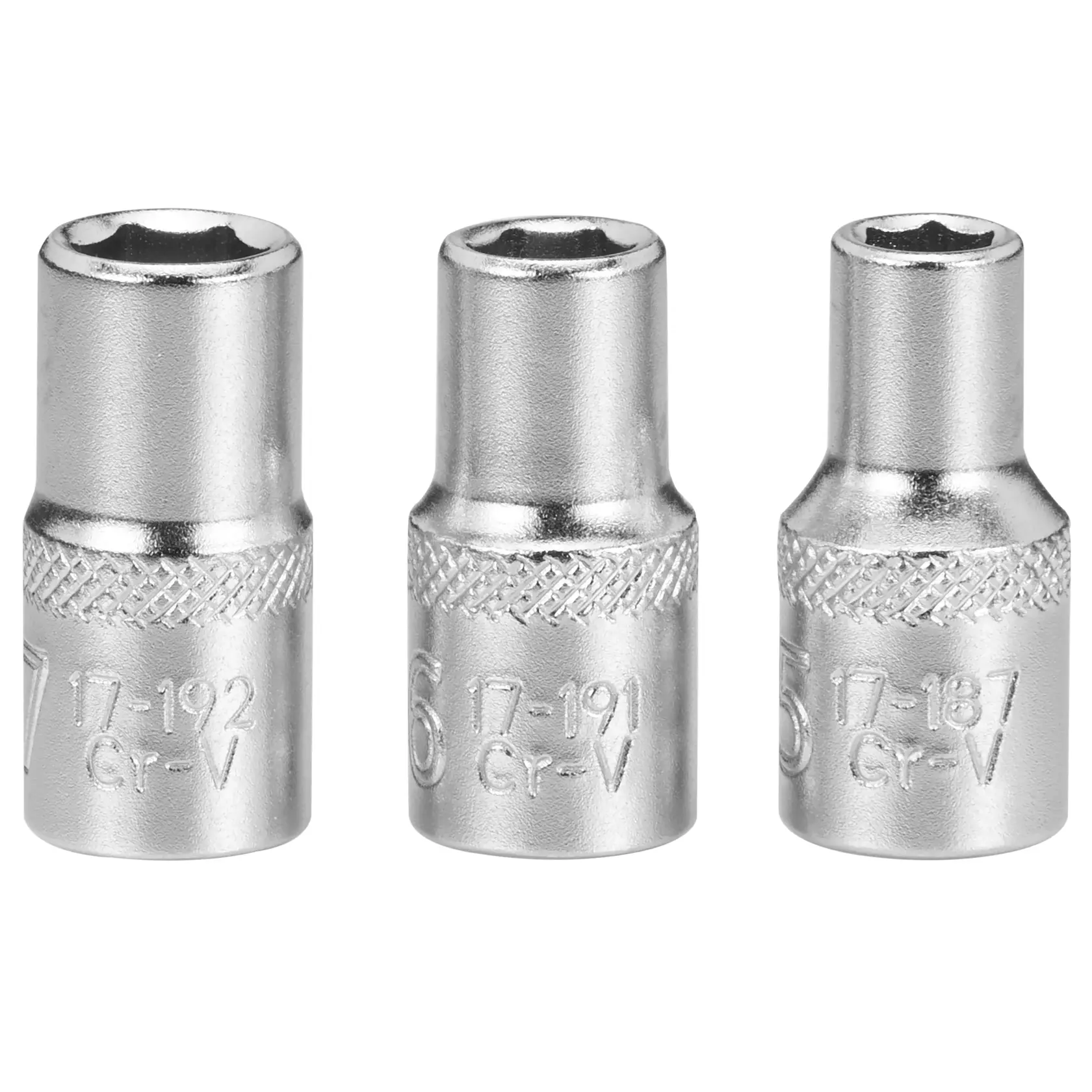 Three metal socket wrench pieces in different sizes, shown upright and close together on a white background.