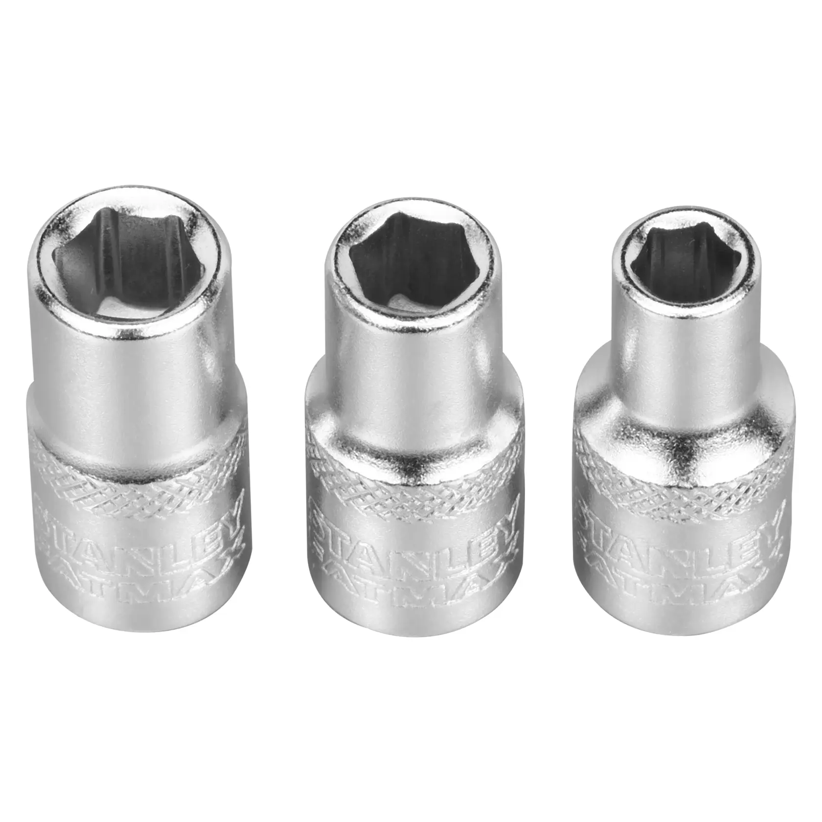 Three STANLEY socket wrench heads in a row, metal finish, engraved with STANLEY FATMAX branding.