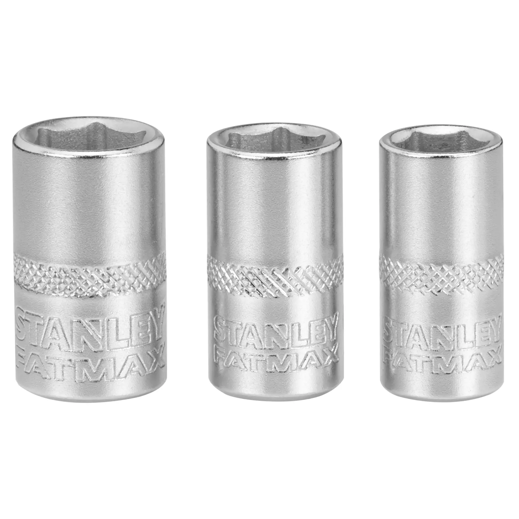 Three STANLEY FATMAX socket wrenches in silver finish, shown upright and arranged side by side.