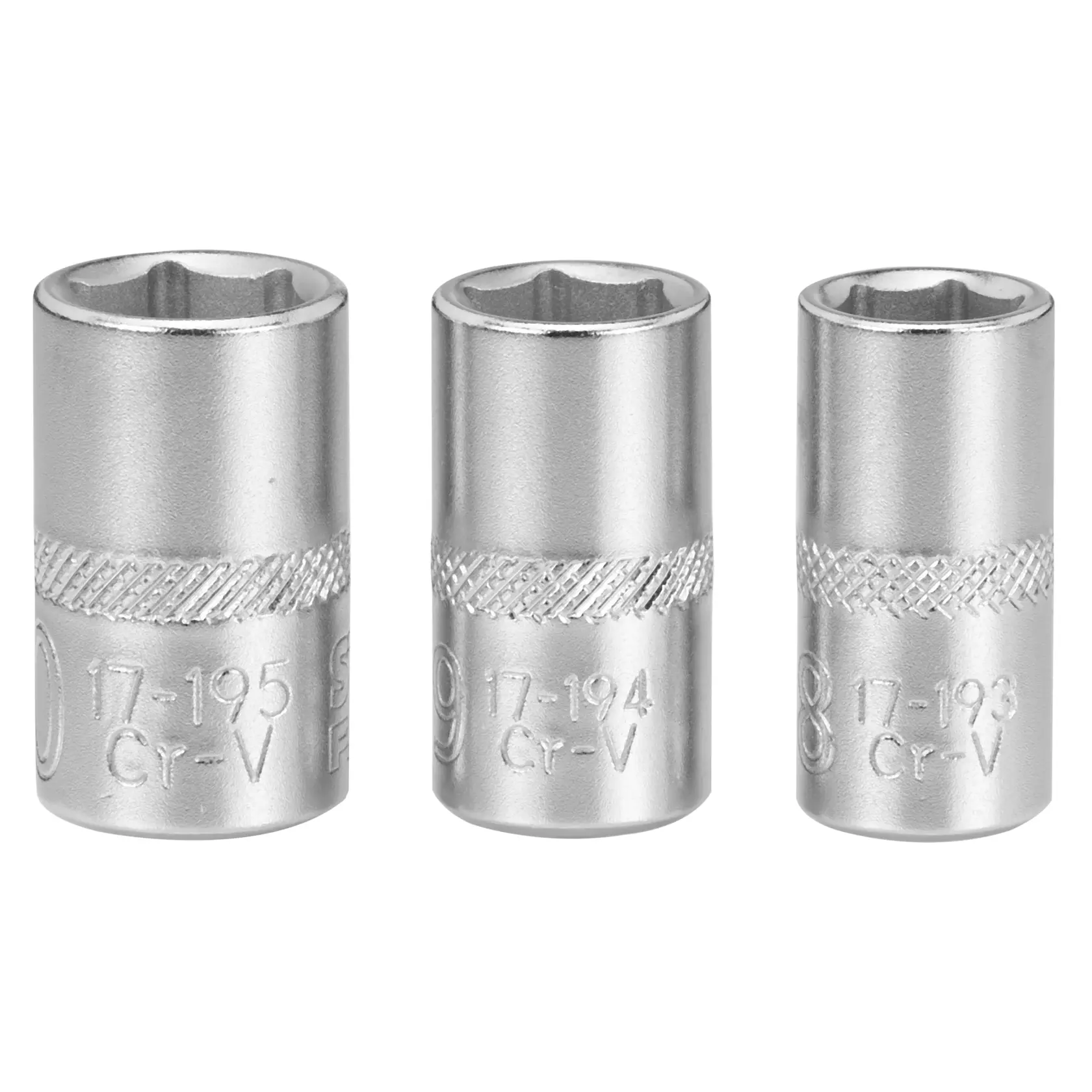 Three silver Stanley hex socket wrenches in different sizes shown upright and evenly spaced.