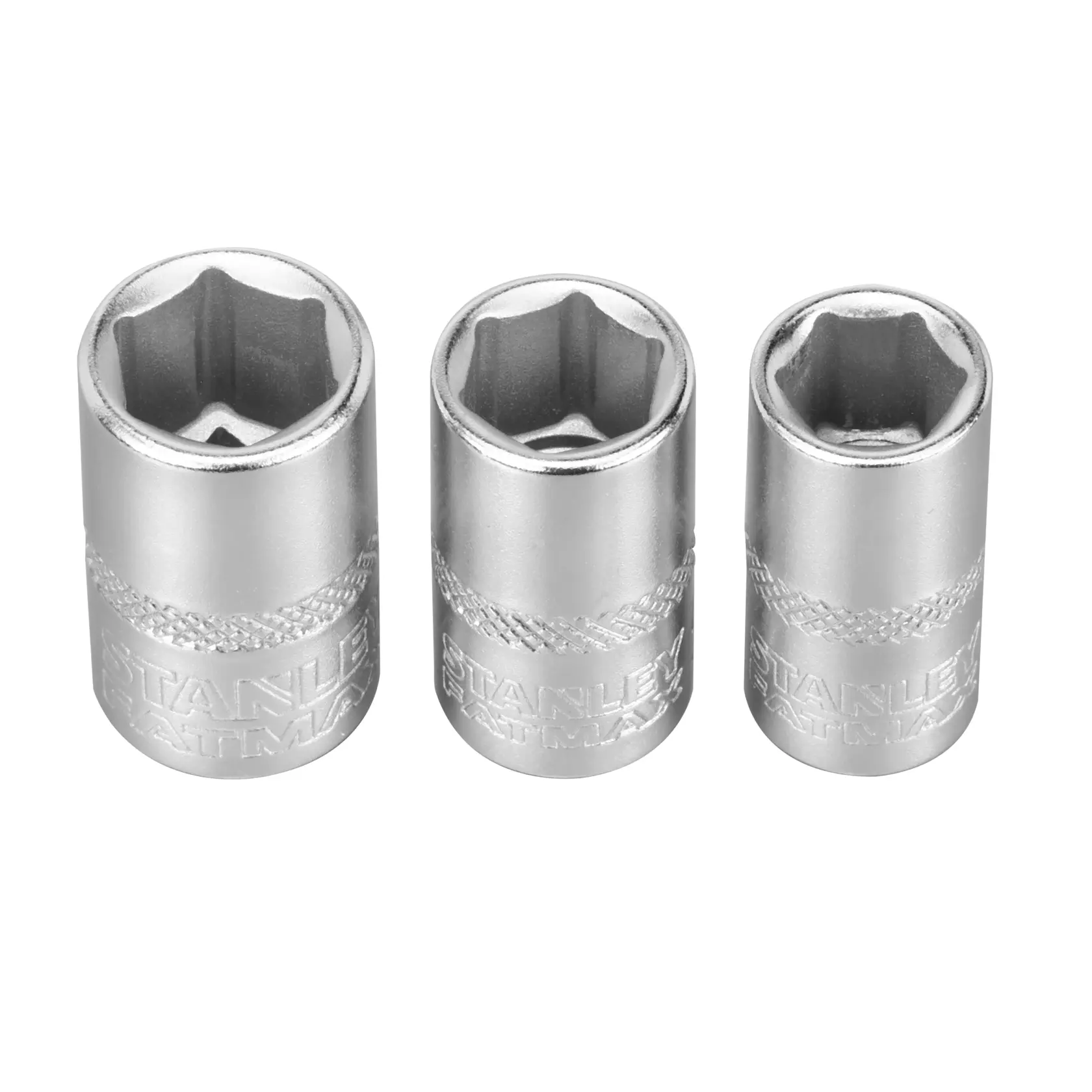 Three silver Stanley socket wrench heads arranged side by side on a white background.