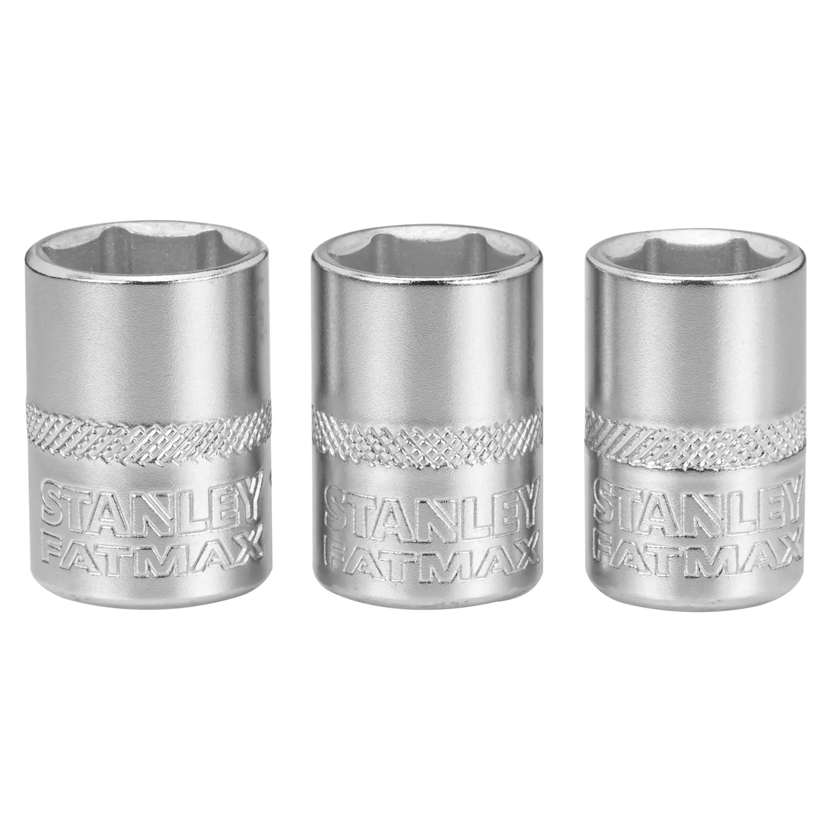 Three STANLEY FATMAX silver socket tools shown upright in a row, designed for use with socket wrenches.
