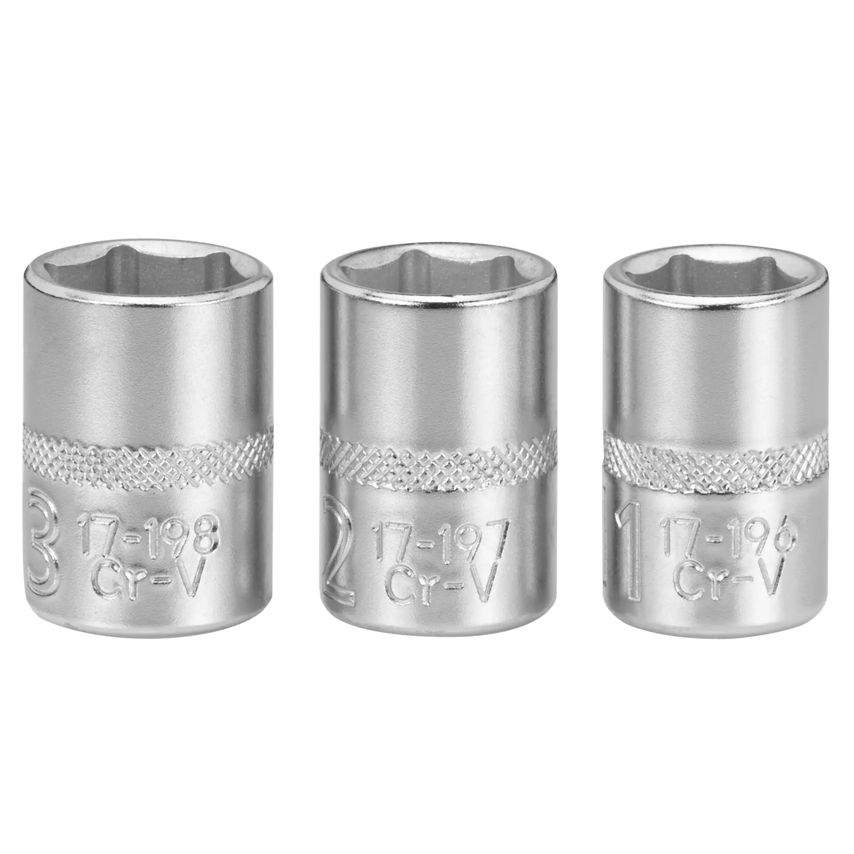 Three chrome socket wrenches with embossed numbers and text, displayed upright side by side.