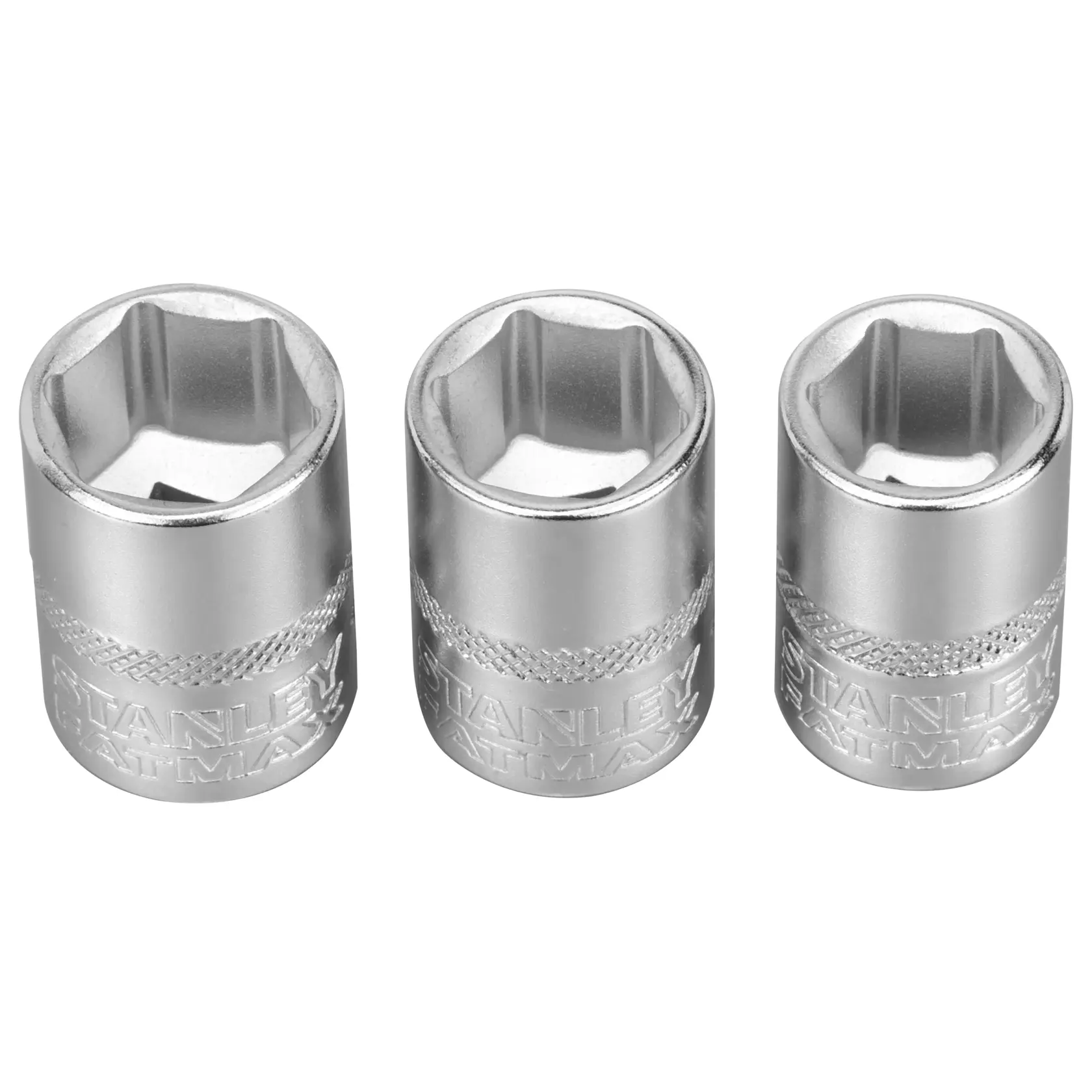Three STANLEY socket wrenches in silver, embossed with the brand name, shown side by side on a white background.
