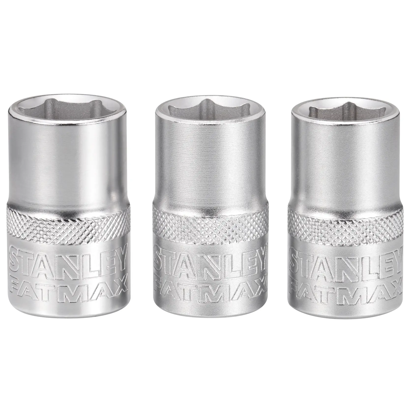 Three silver STANLEY FATMAX socket tools are shown standing upright side by side on a white background.