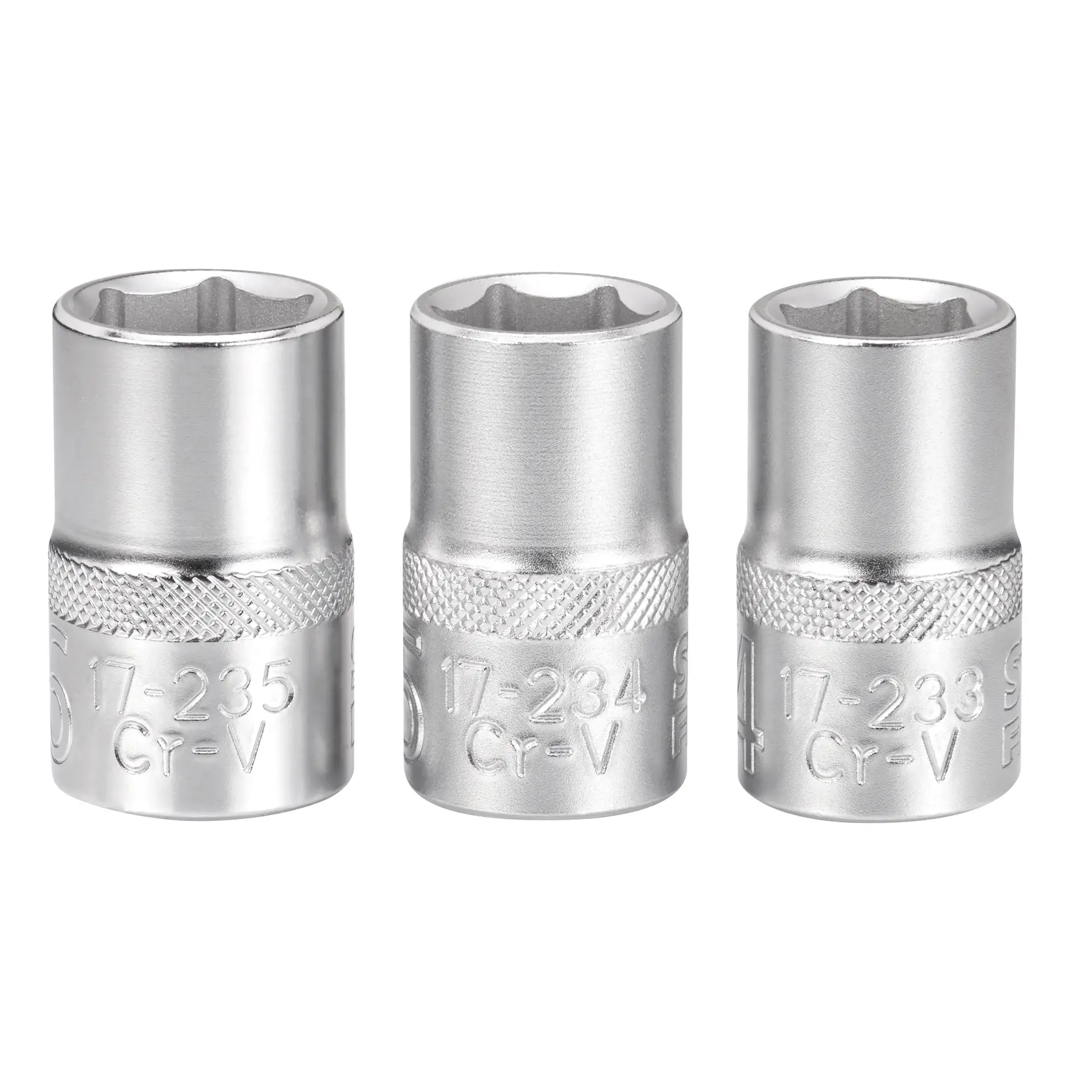Three silver STANLEY socket wrench heads with knurled bands and engraved markings, shown upright.