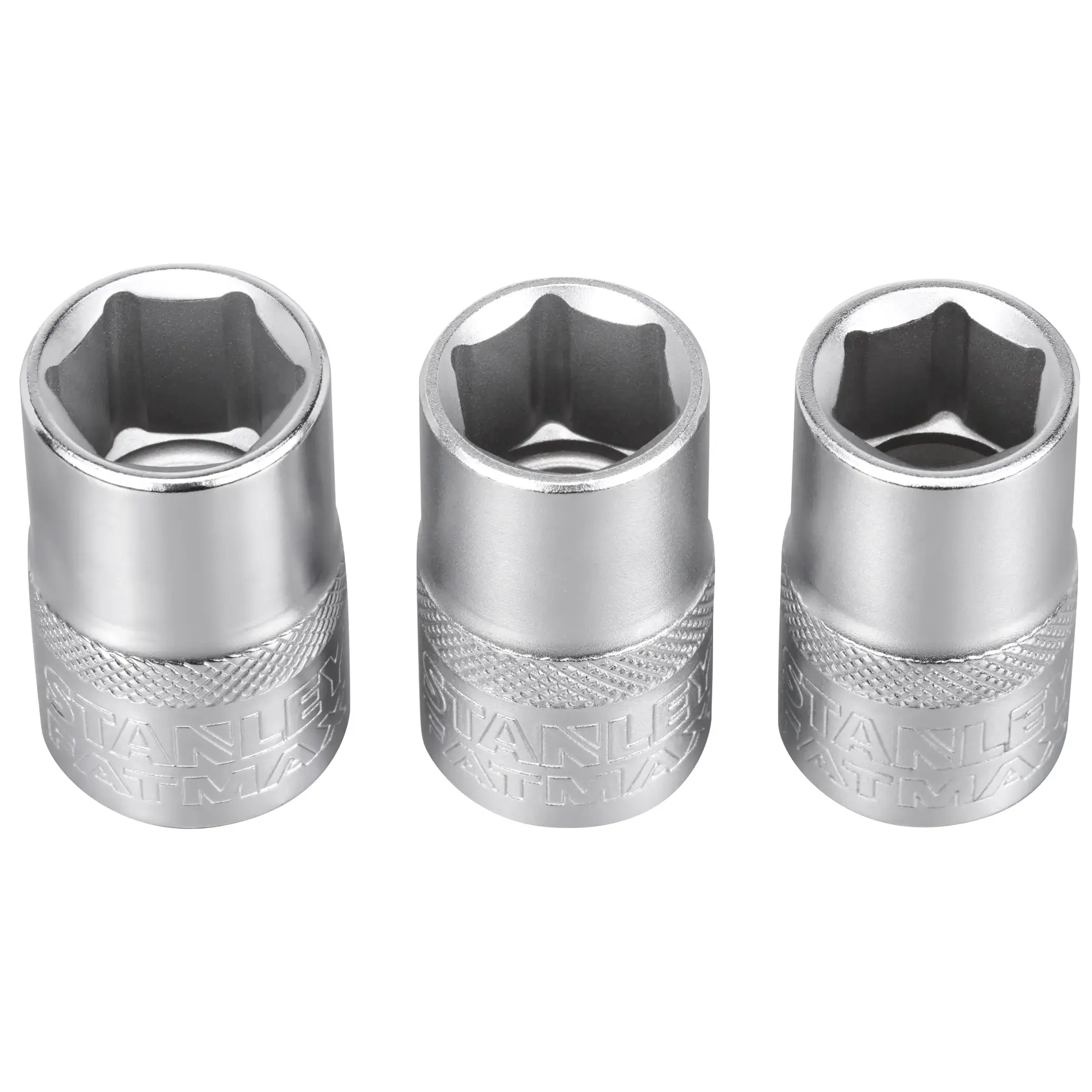 Three STANLEY FatMax metal sockets for wrenches, shown upright in a row on a white background.