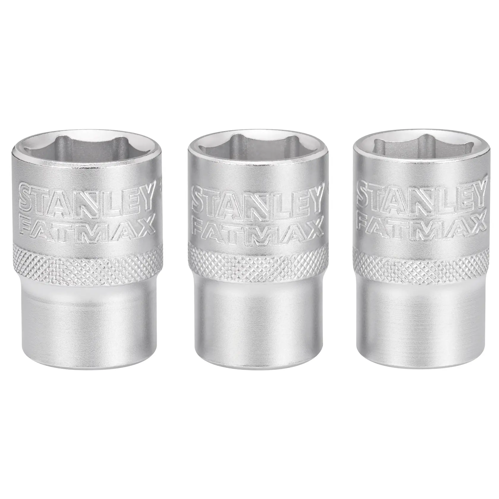 Three metallic Stanley Fatmax sockets with knurled grip are shown side by side against a white background.