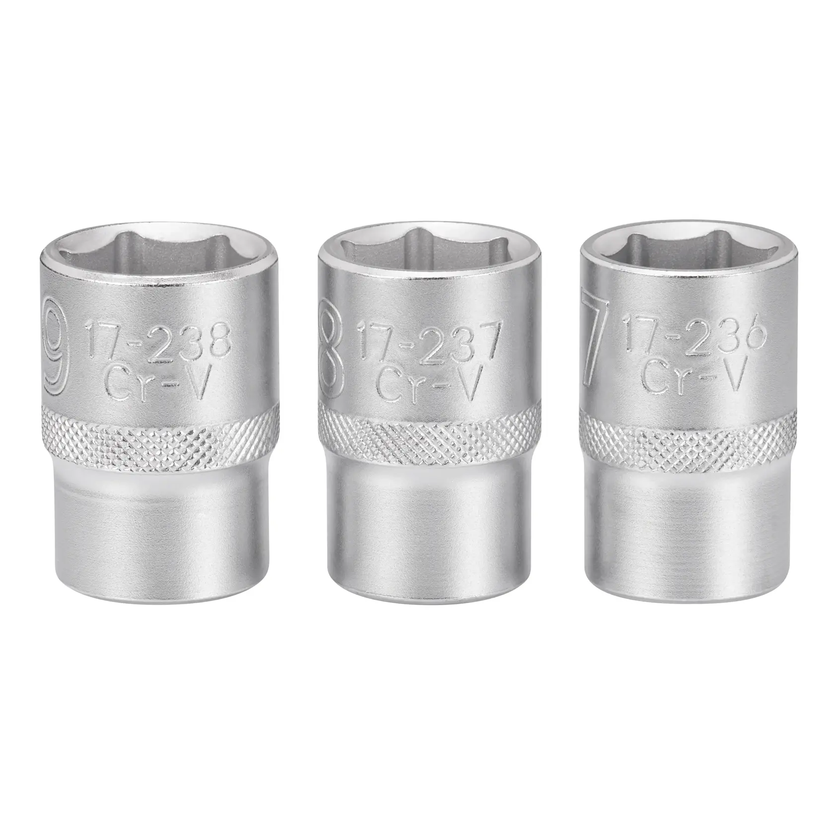 Three silver STANLEY sockets of different sizes, with knurled grip and engraved size markings.
