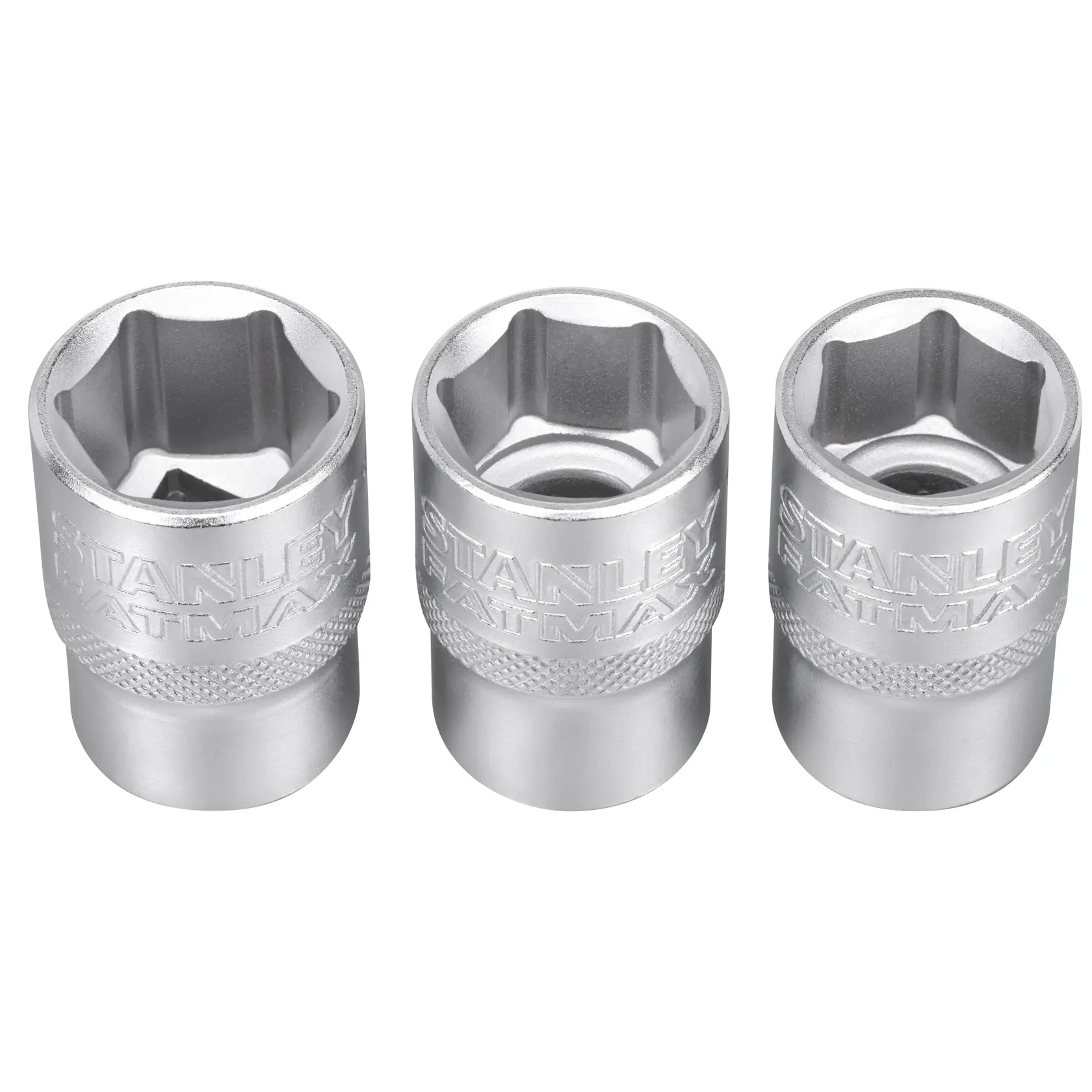 Three metallic Stanley Fatmax socket wrenches are shown upright, side by side on a white background.